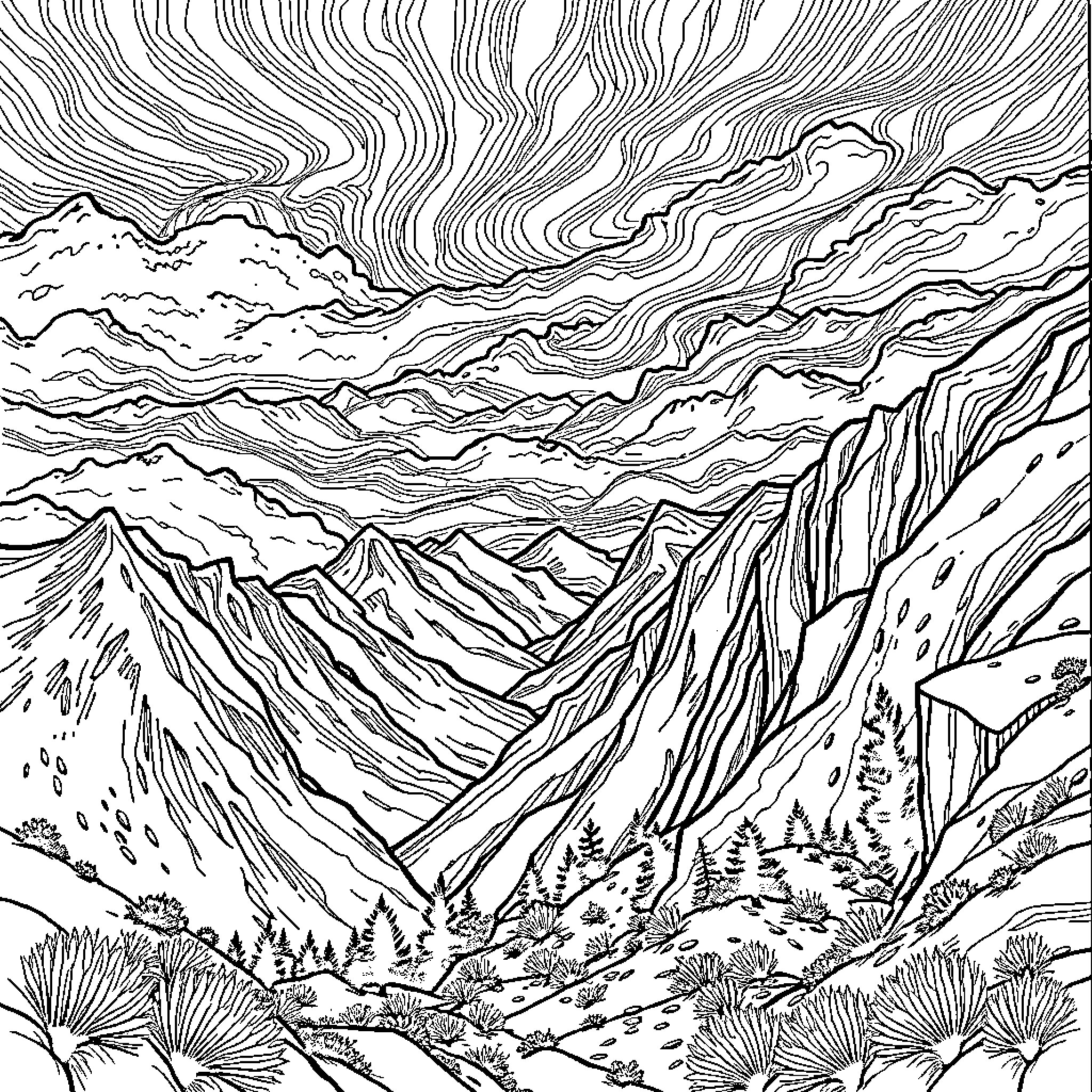 Foehn winds in the mountain landscape Coloring Page (free black-and-white line drawing printable PDF for all, from beginners to advanced learners, including children, teens, adults, and seniors)