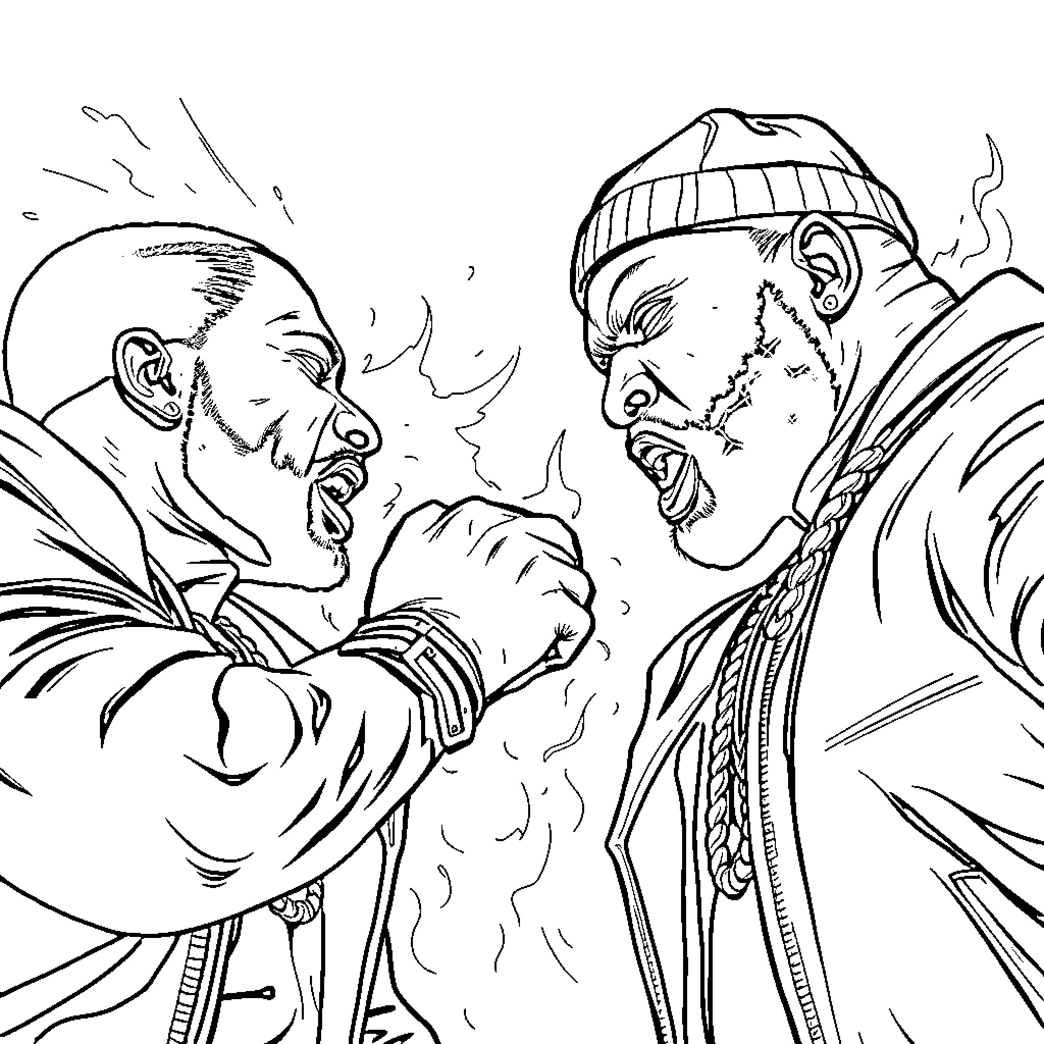 Cam'ron engaged in intense confrontation with another person Coloring Page (free black-and-white line drawing printable PDF for all, from beginners to advanced learners, including children, teens, adults, and seniors)