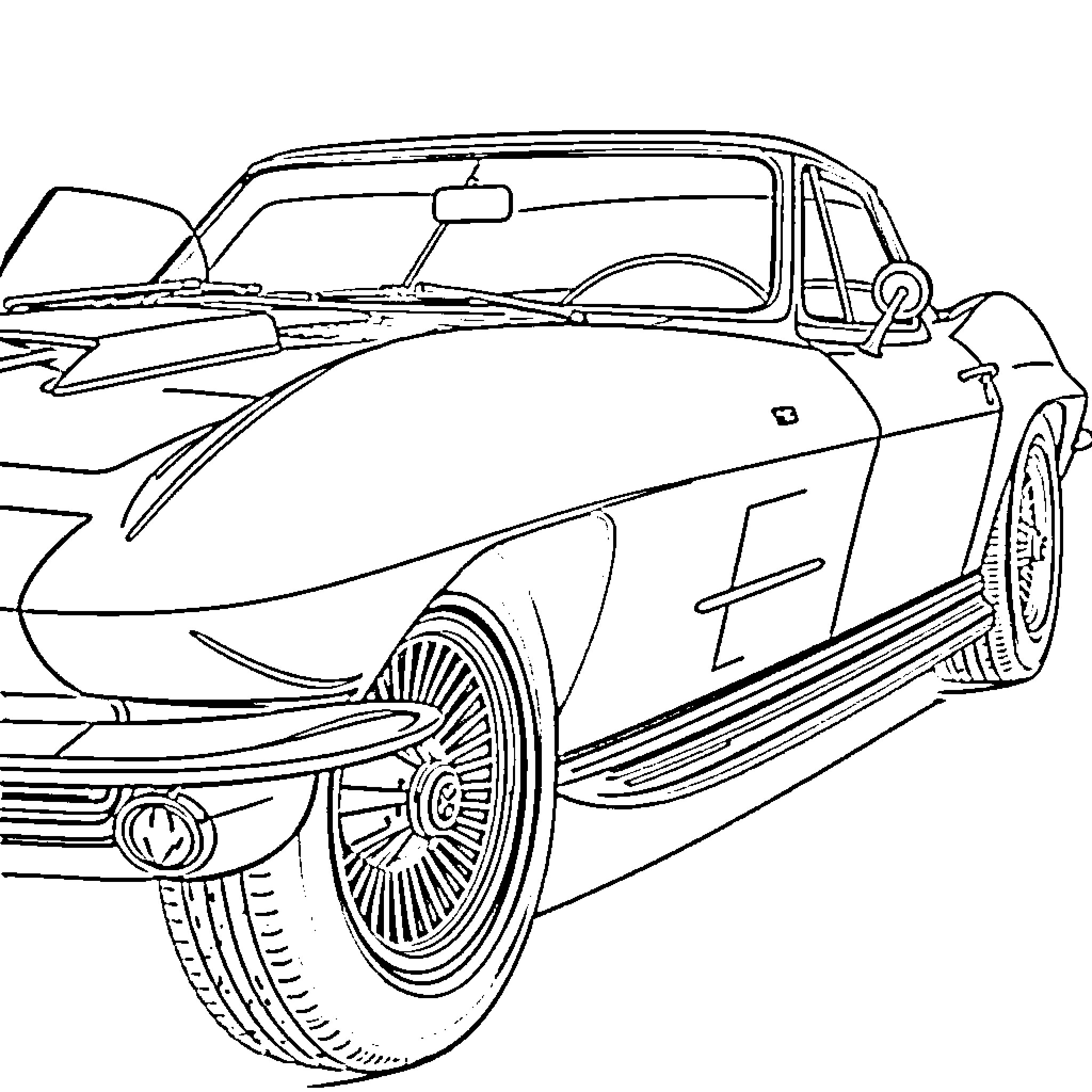 Corvette sports car in motion Coloring Page (free black-and-white line drawing printable PDF for all, from beginners to advanced learners, including children, teens, adults, and seniors)