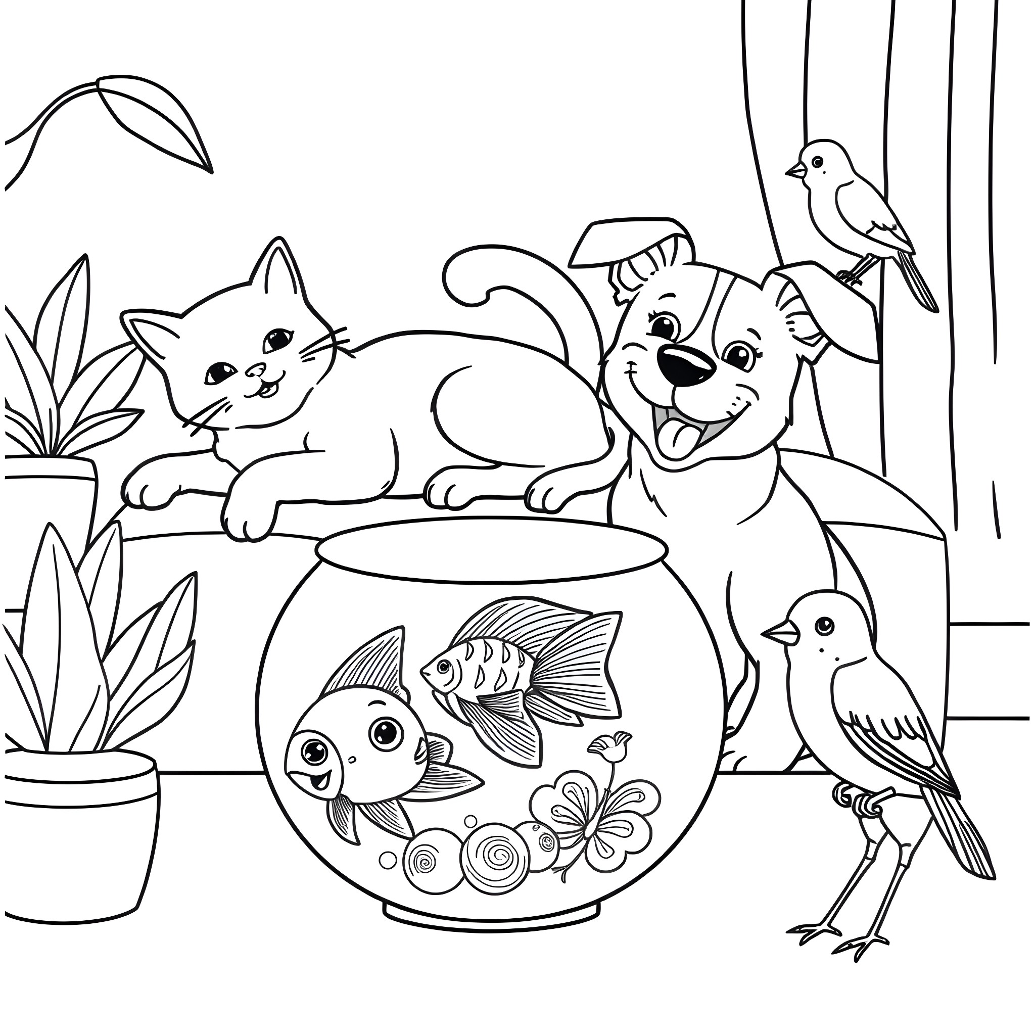 Animal friends enjoying a peaceful scene Coloring Page (free black-and-white line drawing printable PDF for all, from beginners to advanced learners, including children, teens, adults, and seniors)
