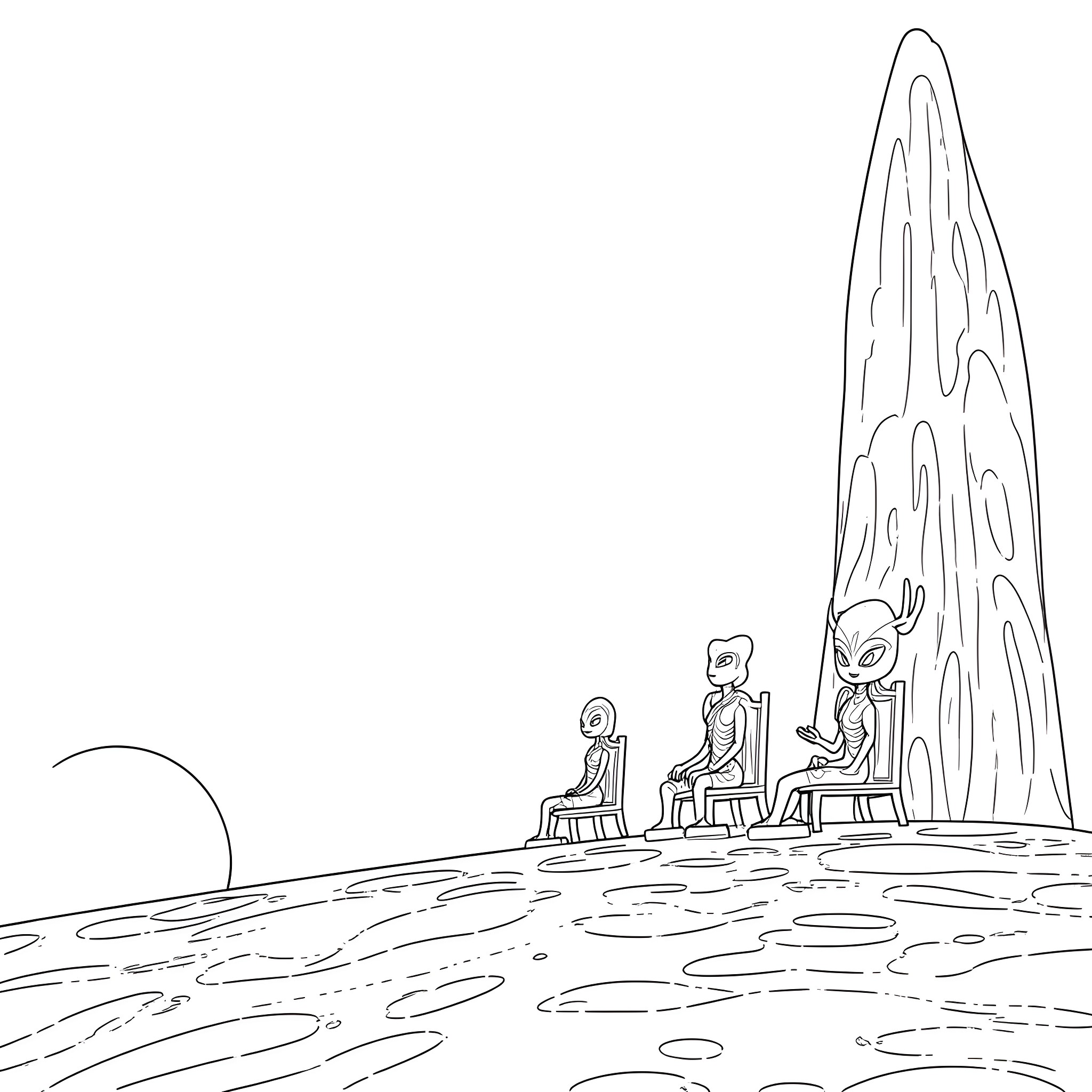 Alien creatures sitting on rocks near a large structure Coloring Page (free black-and-white line drawing printable PDF for all, from beginners to advanced learners, including children, teens, adults, and seniors)