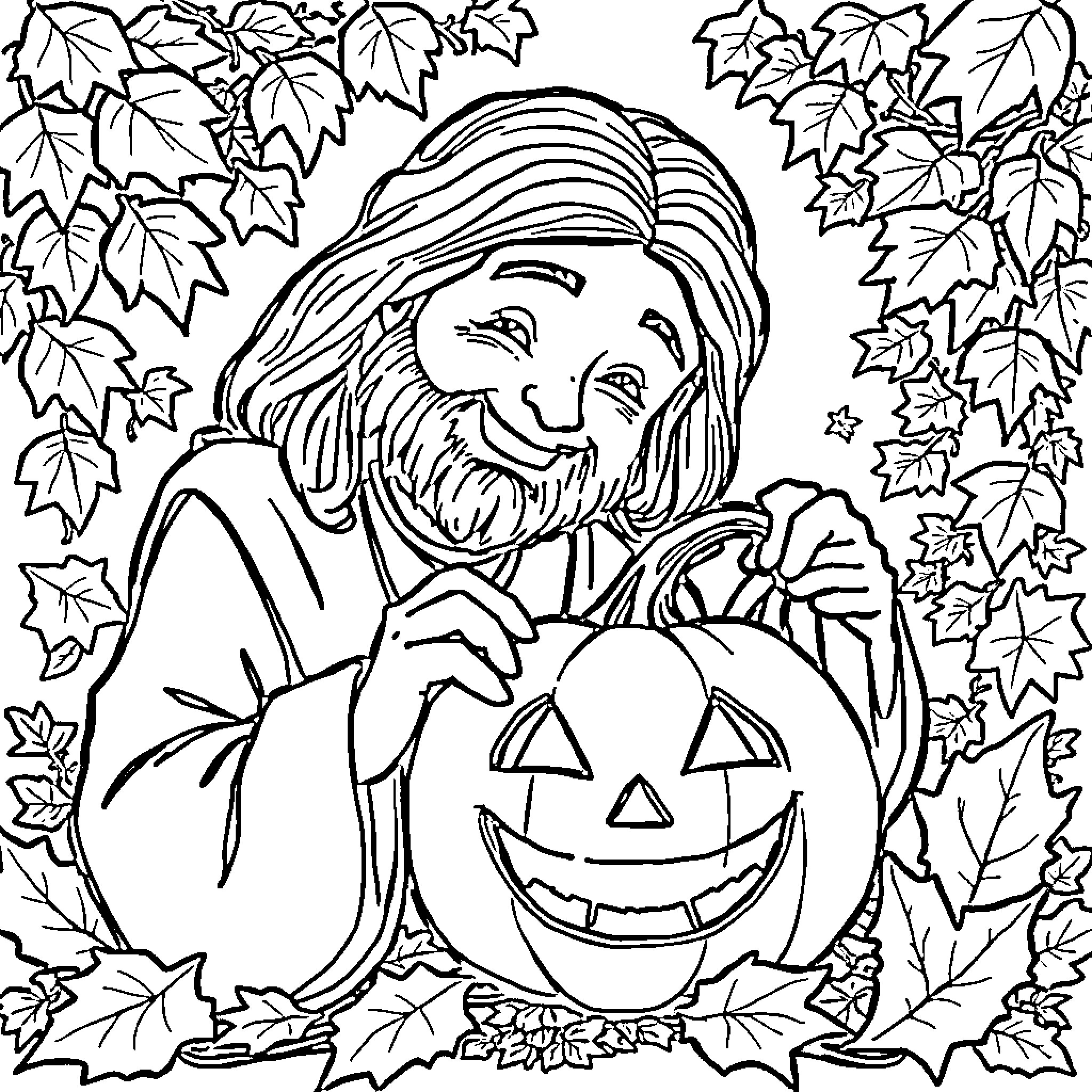 Jesus holding a pumpkin in a fall scene Coloring Page (free black-and-white line drawing printable PDF for all, from beginners to advanced learners, including children, teens, adults, and seniors)