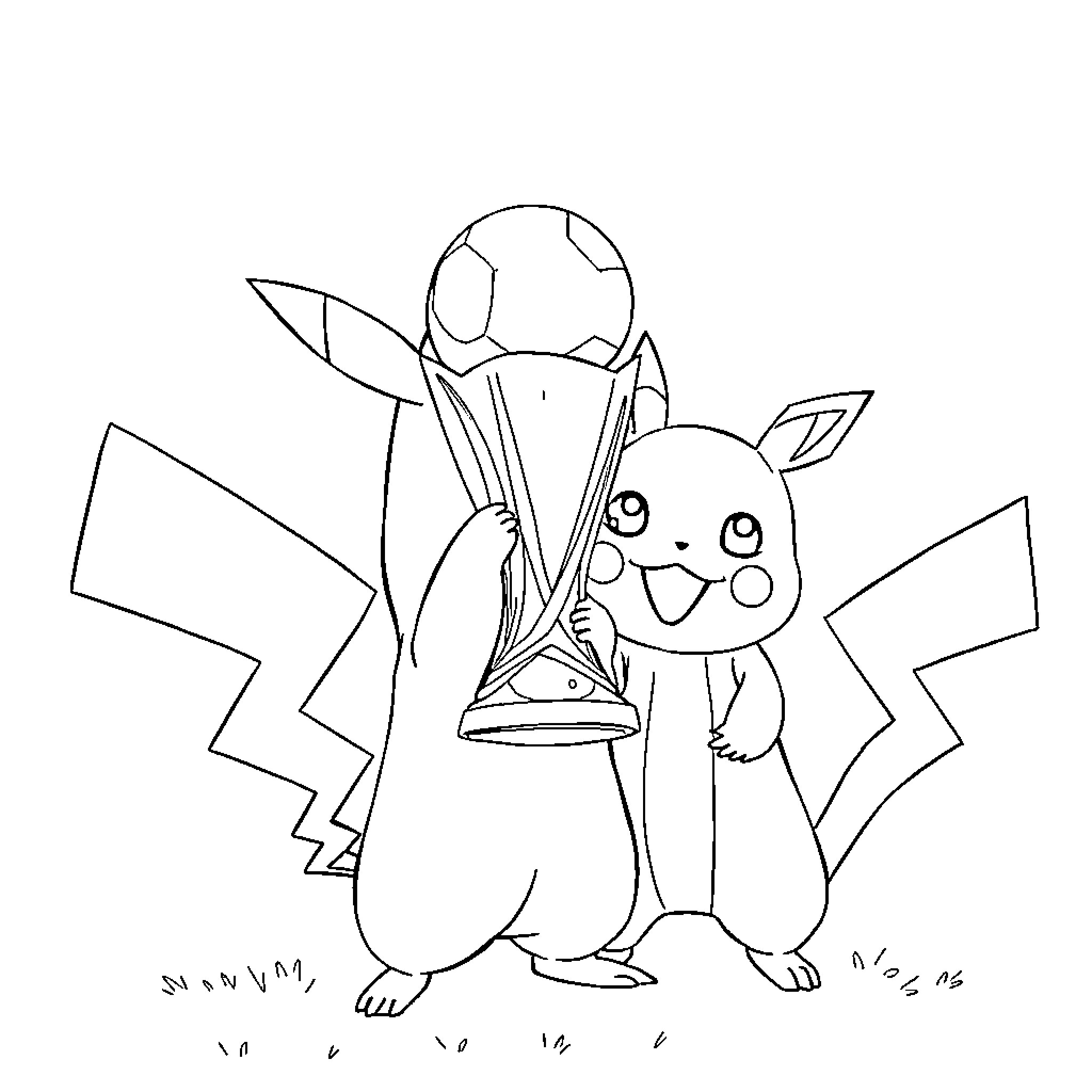 Pikachu celebrating a victory with a trophy and soccer ball Coloring Page (free black-and-white line drawing printable PDF for all, from beginners to advanced learners, including children, teens, adults, and seniors)