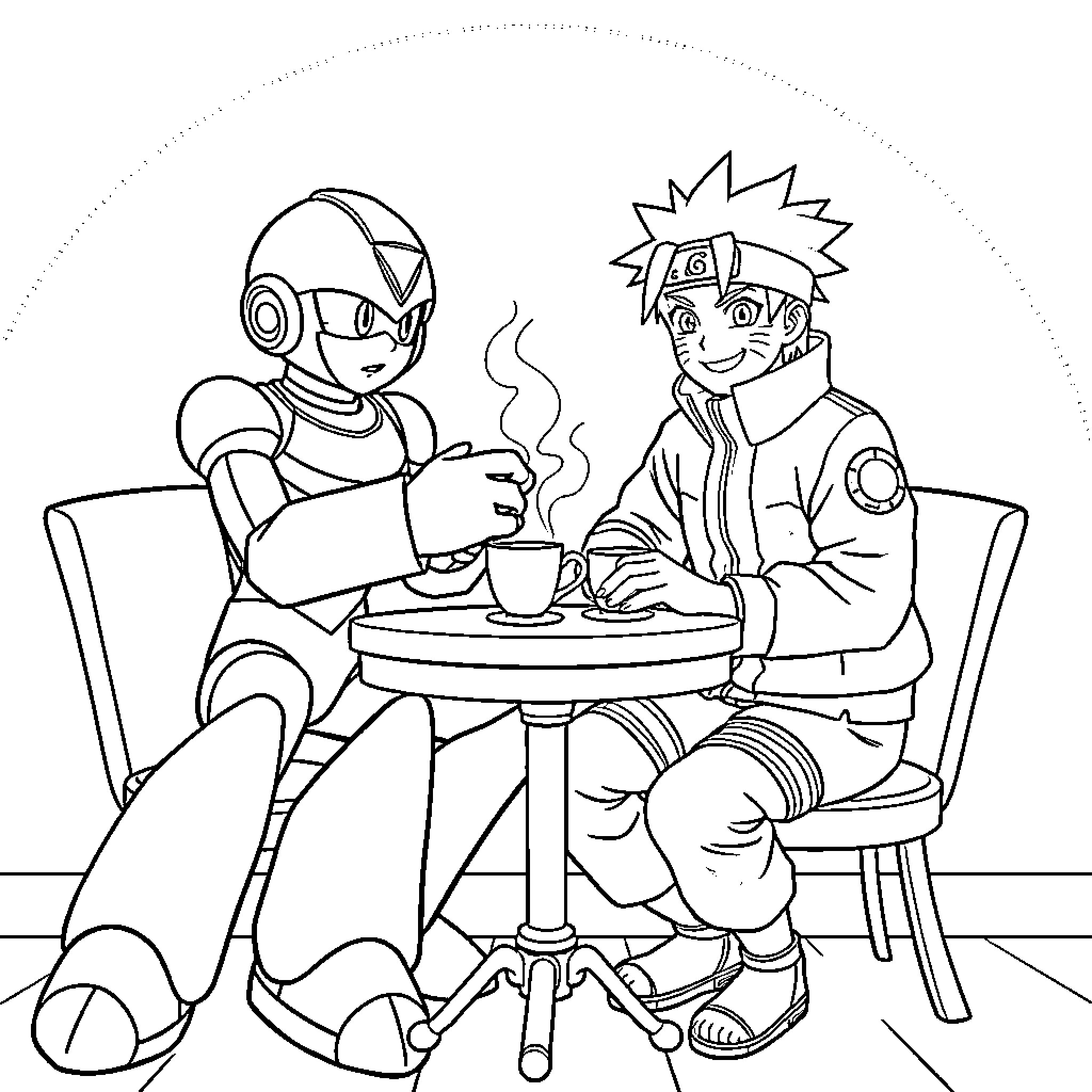 Megaman and Naruto Enjoying a Warm Beverage Coloring Page (free black-and-white line drawing printable PDF for all, from beginners to advanced learners, including children, teens, adults, and seniors)