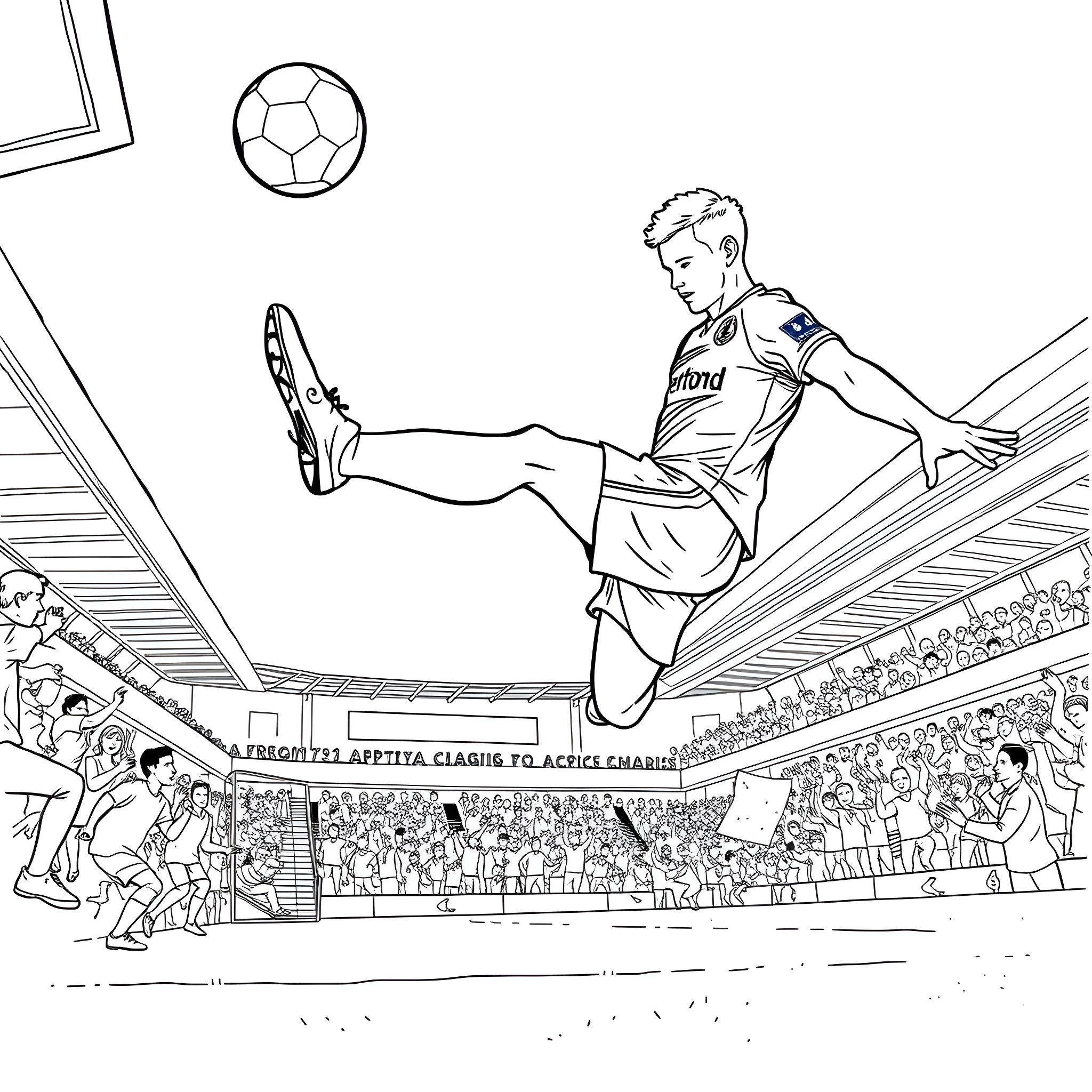 Everton Player Kicking Football on Stadium Field Coloring Page (free black-and-white line drawing printable PDF for all, from beginners to advanced learners, including children, teens, adults, and seniors)
