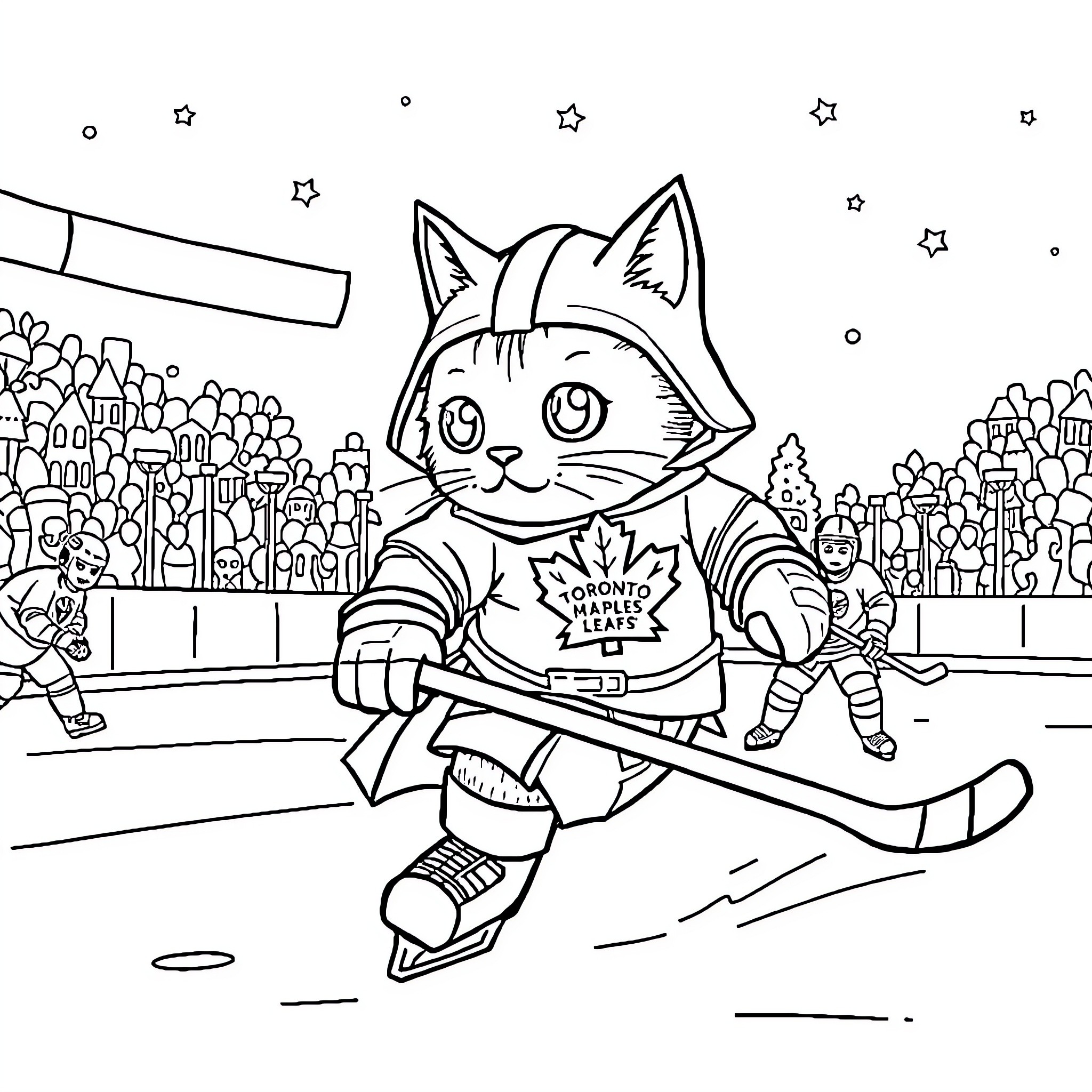 Cat playing hockey on the ice rink Coloring Page (free black-and-white line drawing printable PDF for all, from beginners to advanced learners, including children, teens, adults, and seniors)