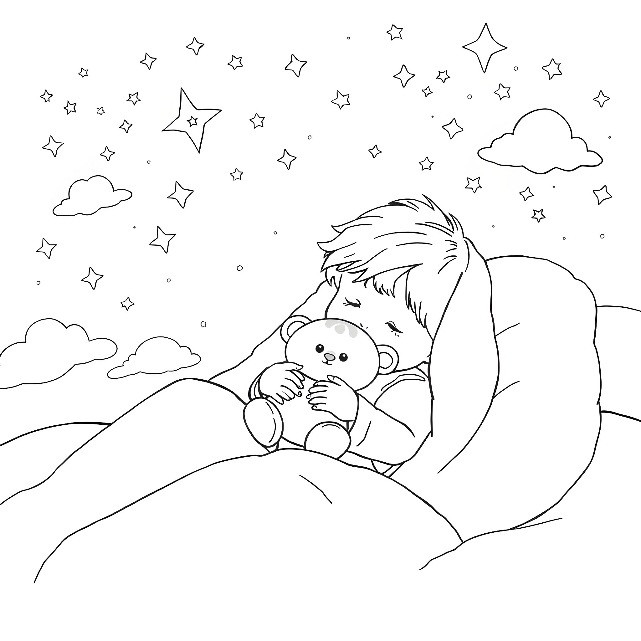 Kid sleeping with plush toy under starry night Coloring Page (free black-and-white line drawing printable PDF for all, from beginners to advanced learners, including children, teens, adults, and seniors)