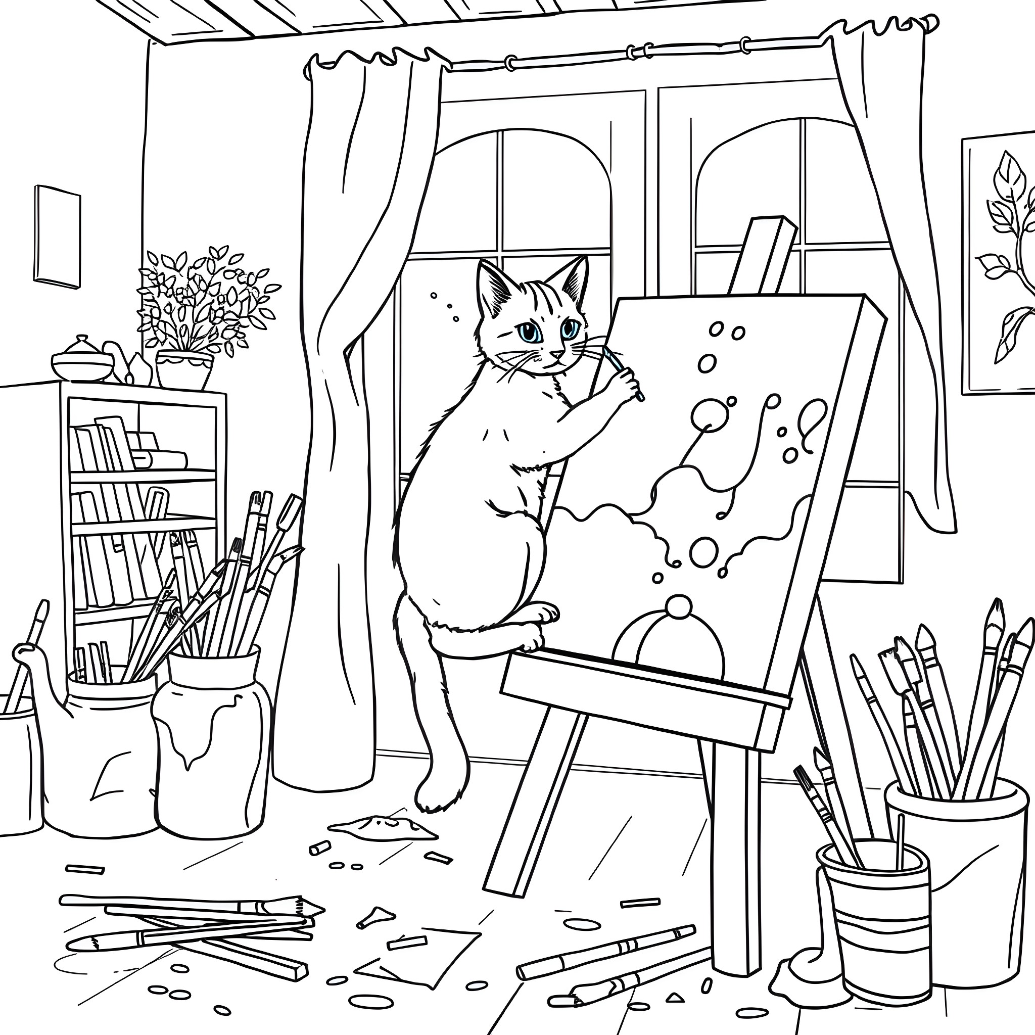 Cat painting in an artist's studio Coloring Page (free black-and-white line drawing printable PDF for all, from beginners to advanced learners, including children, teens, adults, and seniors)