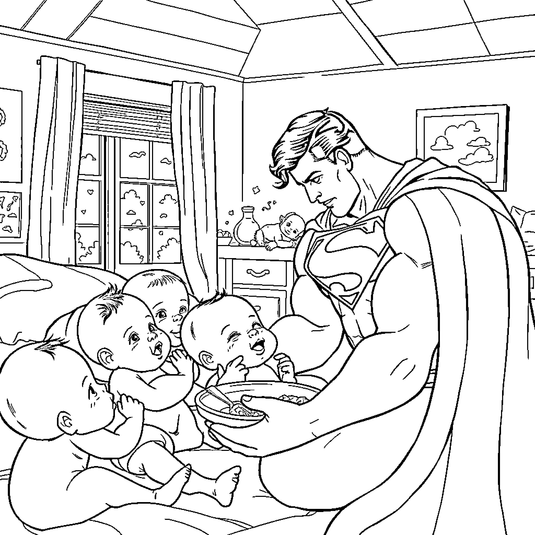 Superman caring for children in home setting Coloring Page (free black-and-white line drawing printable PDF for all, from beginners to advanced learners, including children, teens, adults, and seniors)