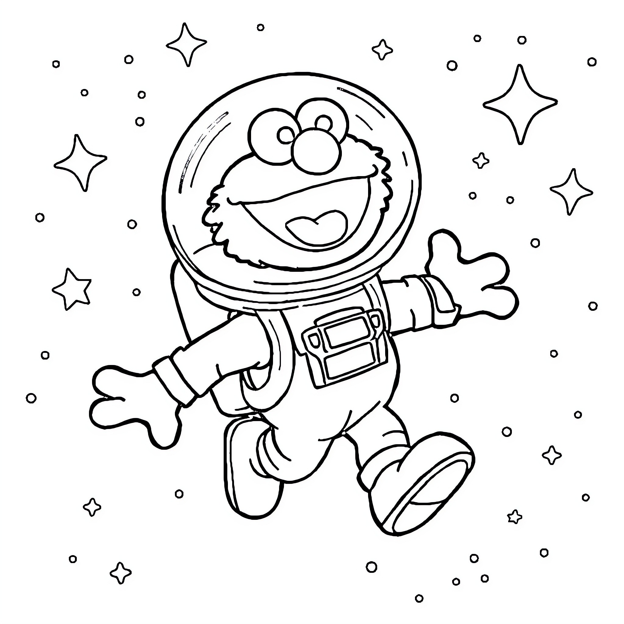 Elmo floating in space with stars Coloring Page (free black-and-white line drawing printable PDF for all, from beginners to advanced learners, including children, teens, adults, and seniors)