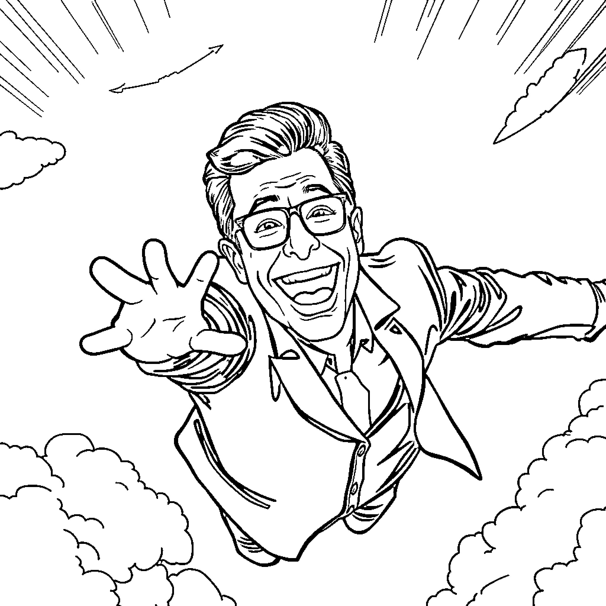 Stephen Colbert flying enthusiastically in the clouds Coloring Page (free black-and-white line drawing printable PDF for all, from beginners to advanced learners, including children, teens, adults, and seniors)