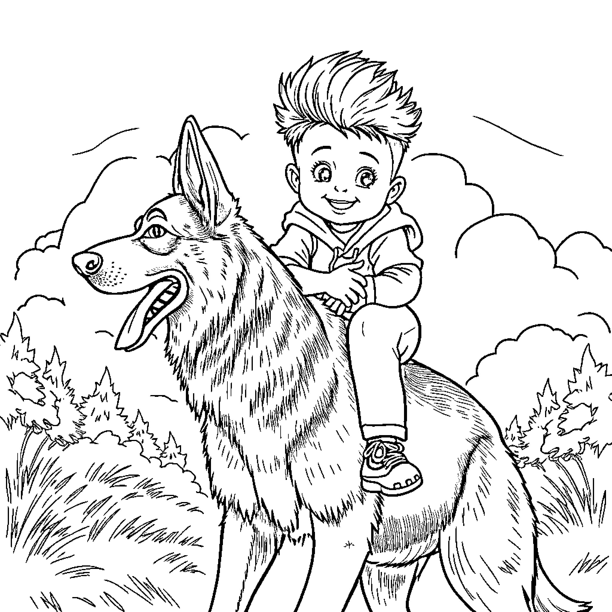 Boy and His Loyal Companion in the Wilderness Coloring Page (free black-and-white line drawing printable PDF for all, from beginners to advanced learners, including children, teens, adults, and seniors)