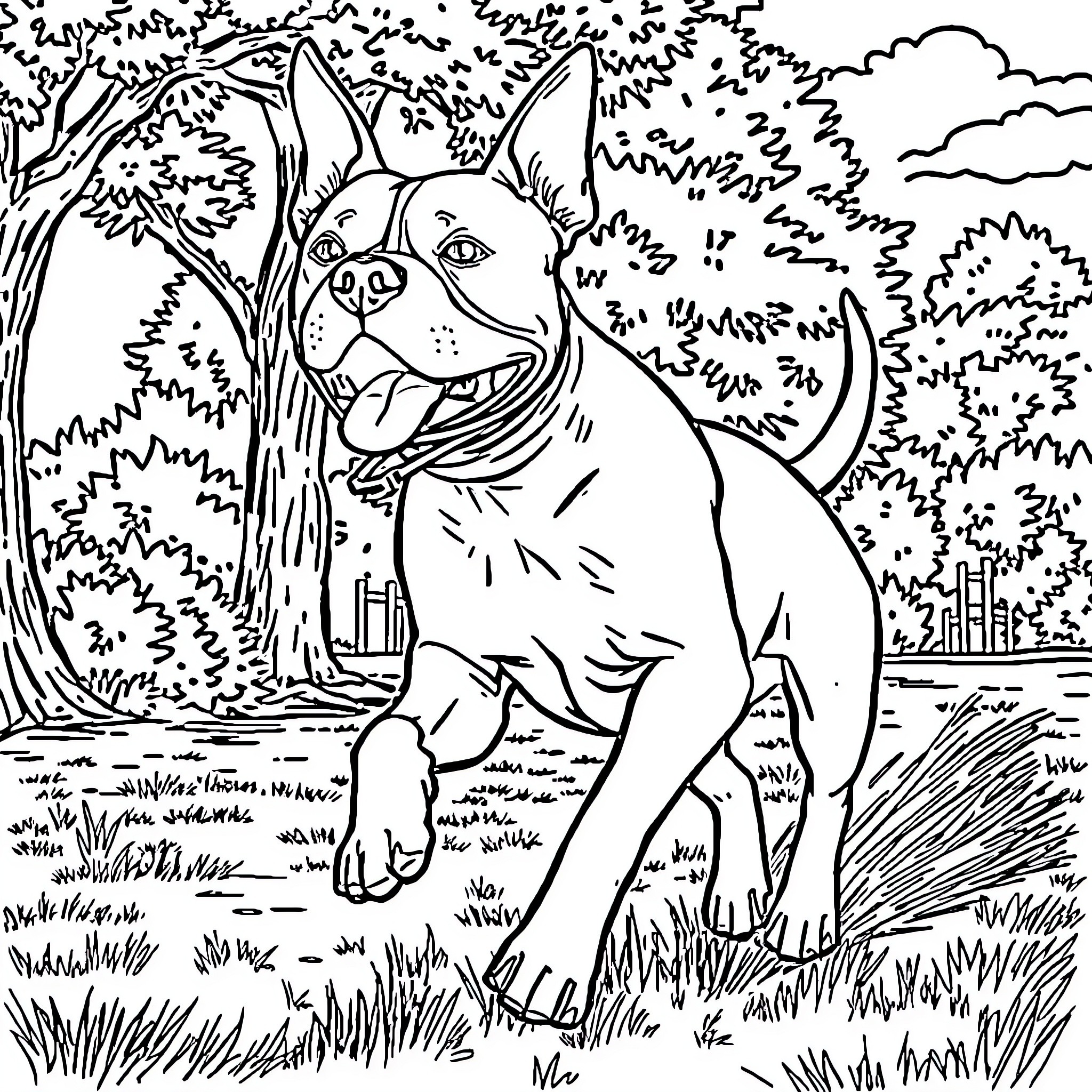 Pit Bull Happily Exploring the Outdoors Coloring Page (free black-and-white line drawing printable PDF for all, from beginners to advanced learners, including children, teens, adults, and seniors)