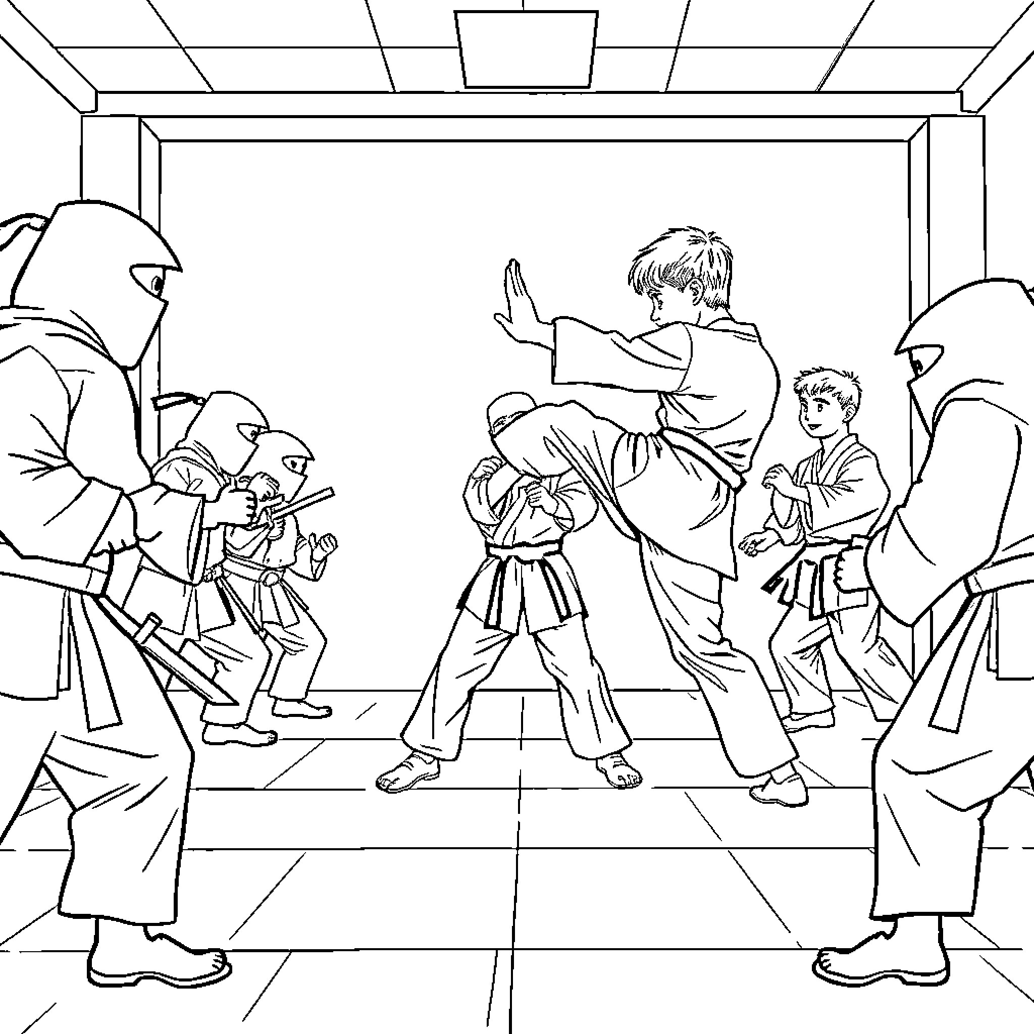 Taekwondo students practicing martial arts techniques Coloring Page (free black-and-white line drawing printable PDF for all, from beginners to advanced learners, including children, teens, adults, and seniors)