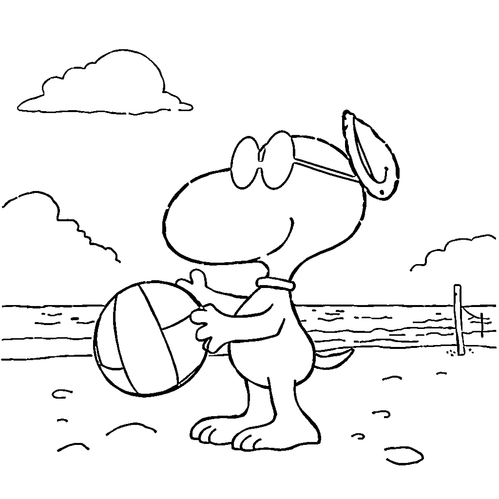 Snoopy enjoying a day at the beach Coloring Page (free black-and-white line drawing printable PDF for all, from beginners to advanced learners, including children, teens, adults, and seniors)