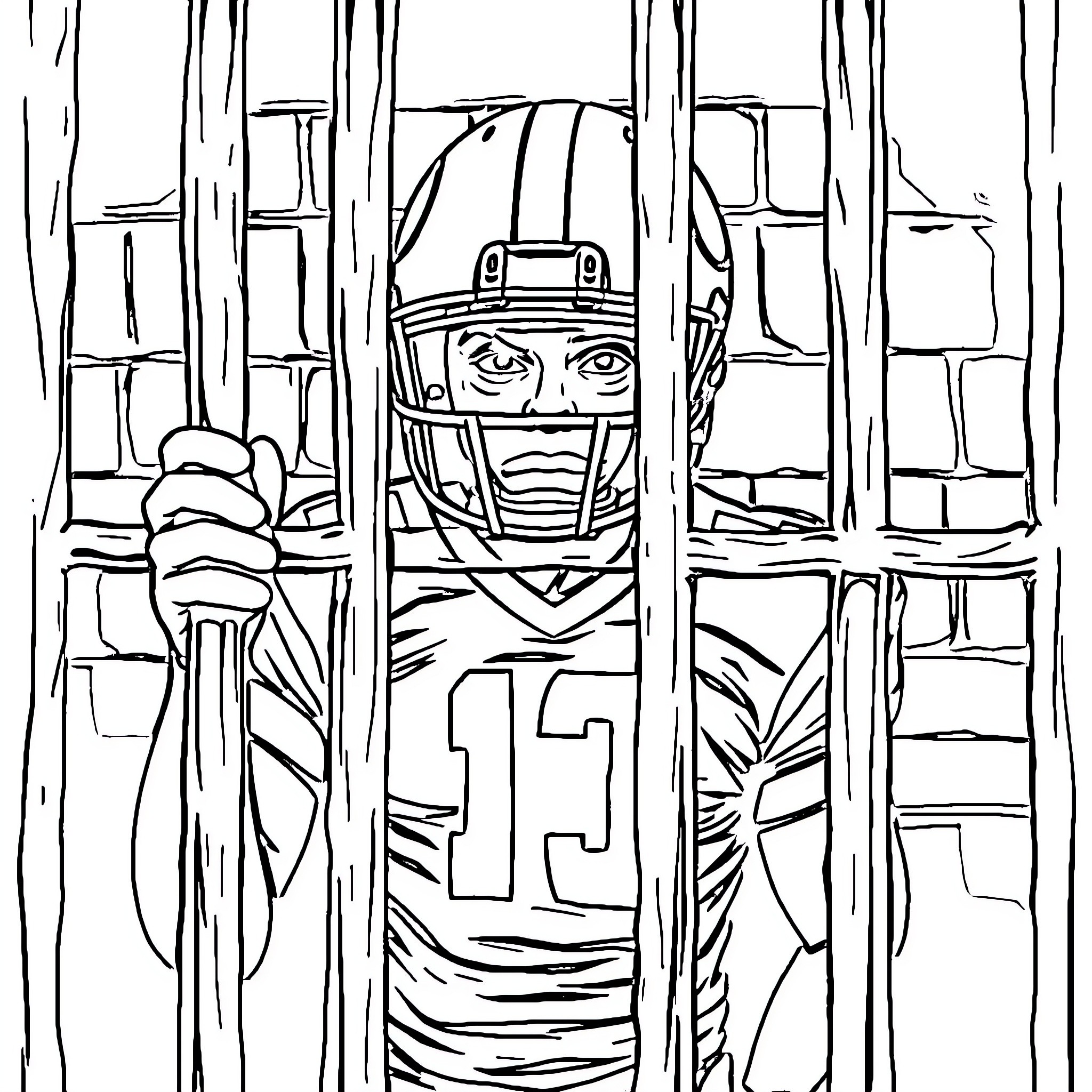 Footballer focused behind cage-like bars Coloring Page (free black-and-white line drawing printable PDF for all, from beginners to advanced learners, including children, teens, adults, and seniors)