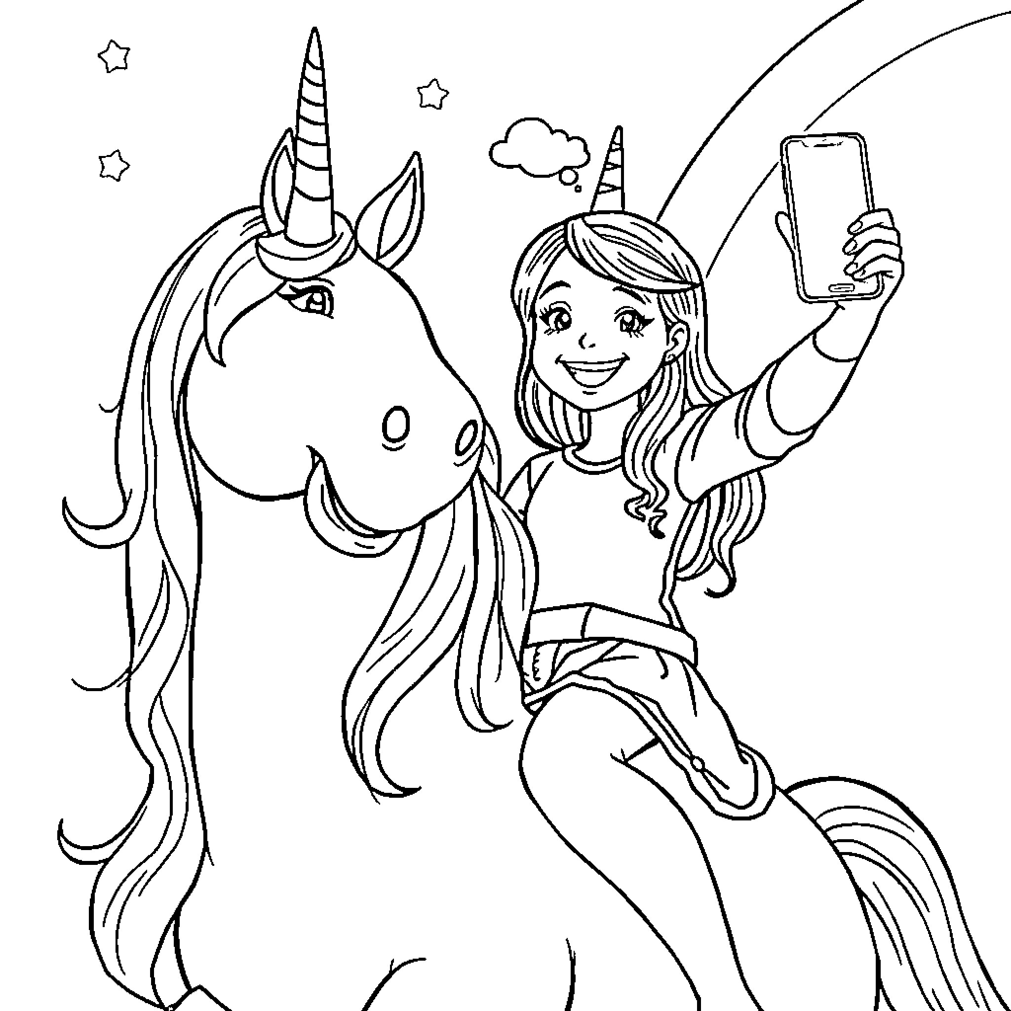 Unicorn and Girl Taking a Selfie with Stars Coloring Page (free black-and-white line drawing printable PDF for all, from beginners to advanced learners, including children, teens, adults, and seniors)