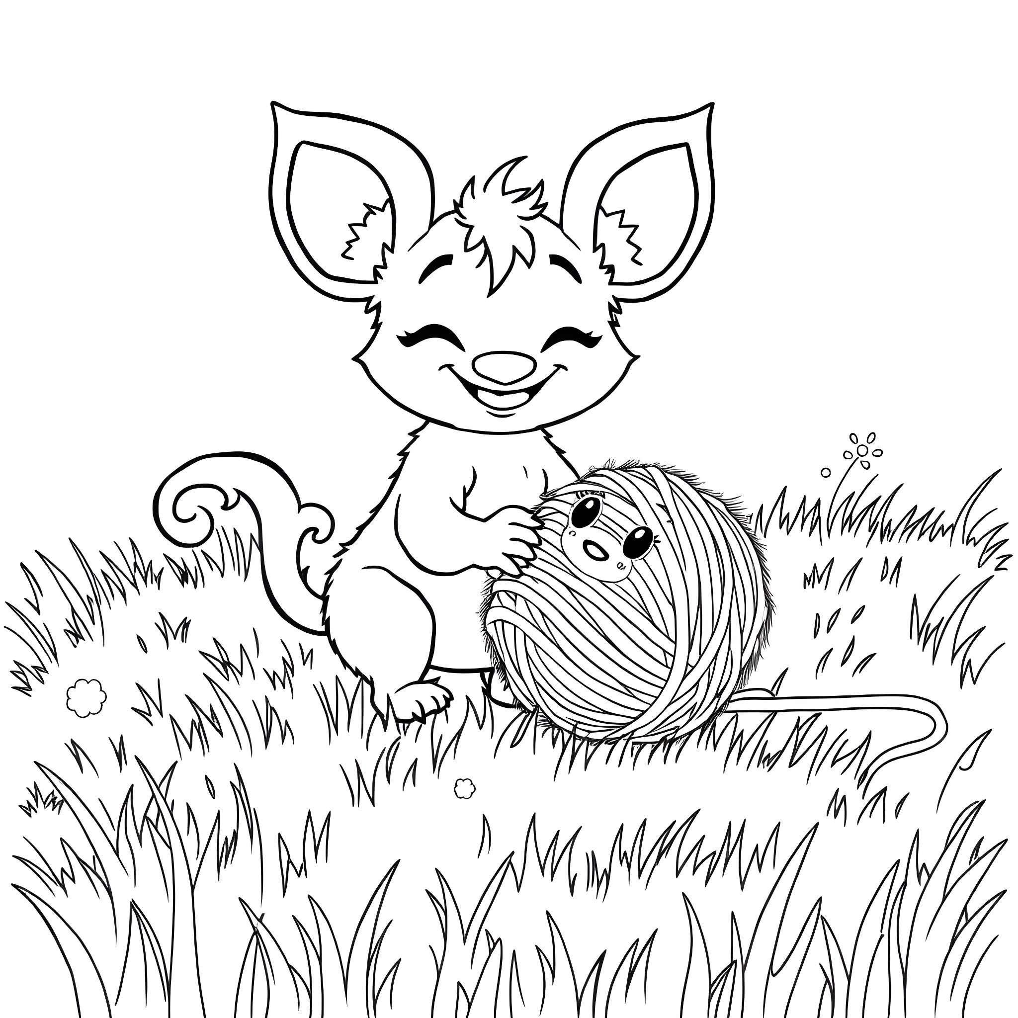 Sprunki playing happily with a yarn ball in the field Coloring Page (free black-and-white line drawing printable PDF for all, from beginners to advanced learners, including children, teens, adults, and seniors)