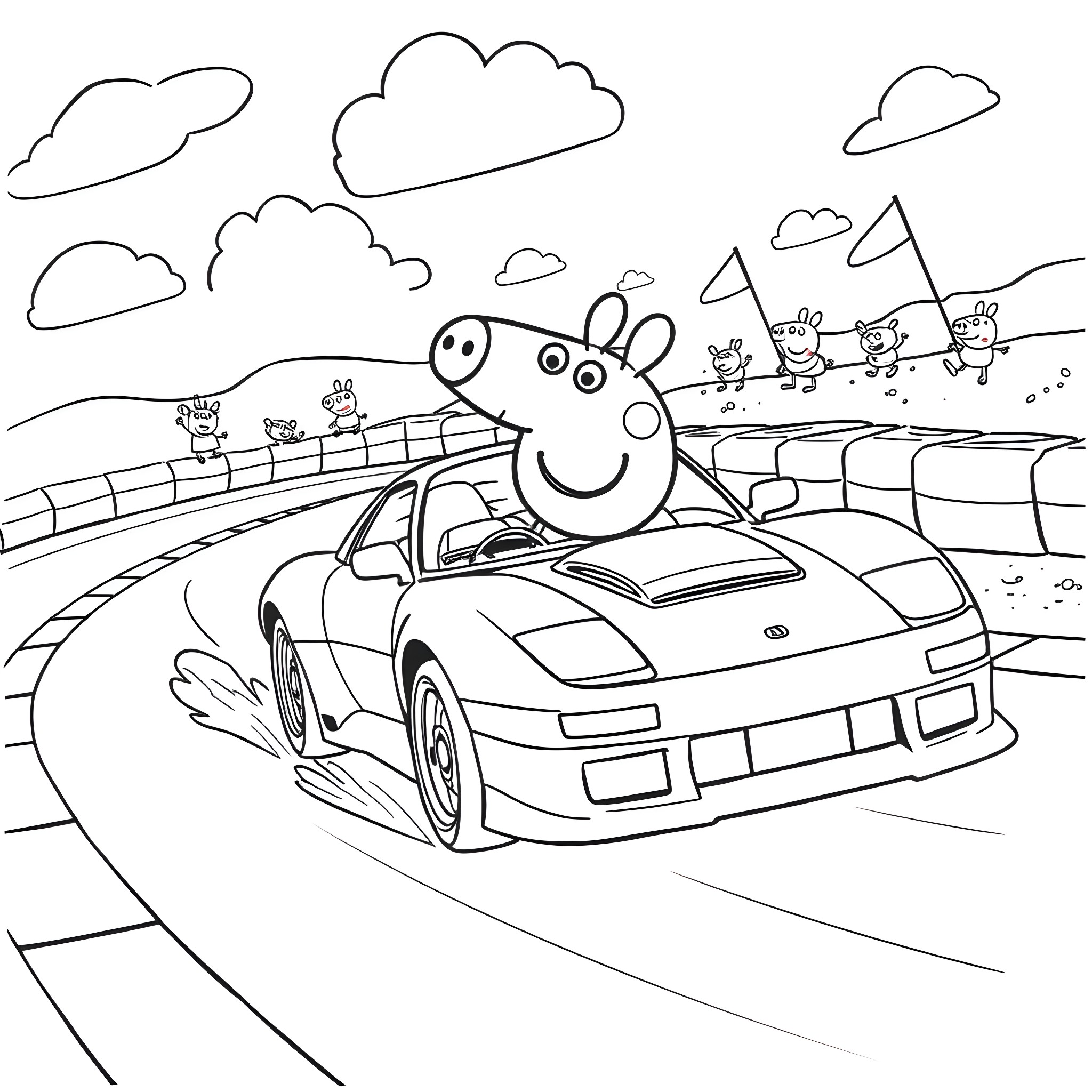 Peppa Pig and friends on a racing adventure Coloring Page (free black-and-white line drawing printable PDF for all, from beginners to advanced learners, including children, teens, adults, and seniors)