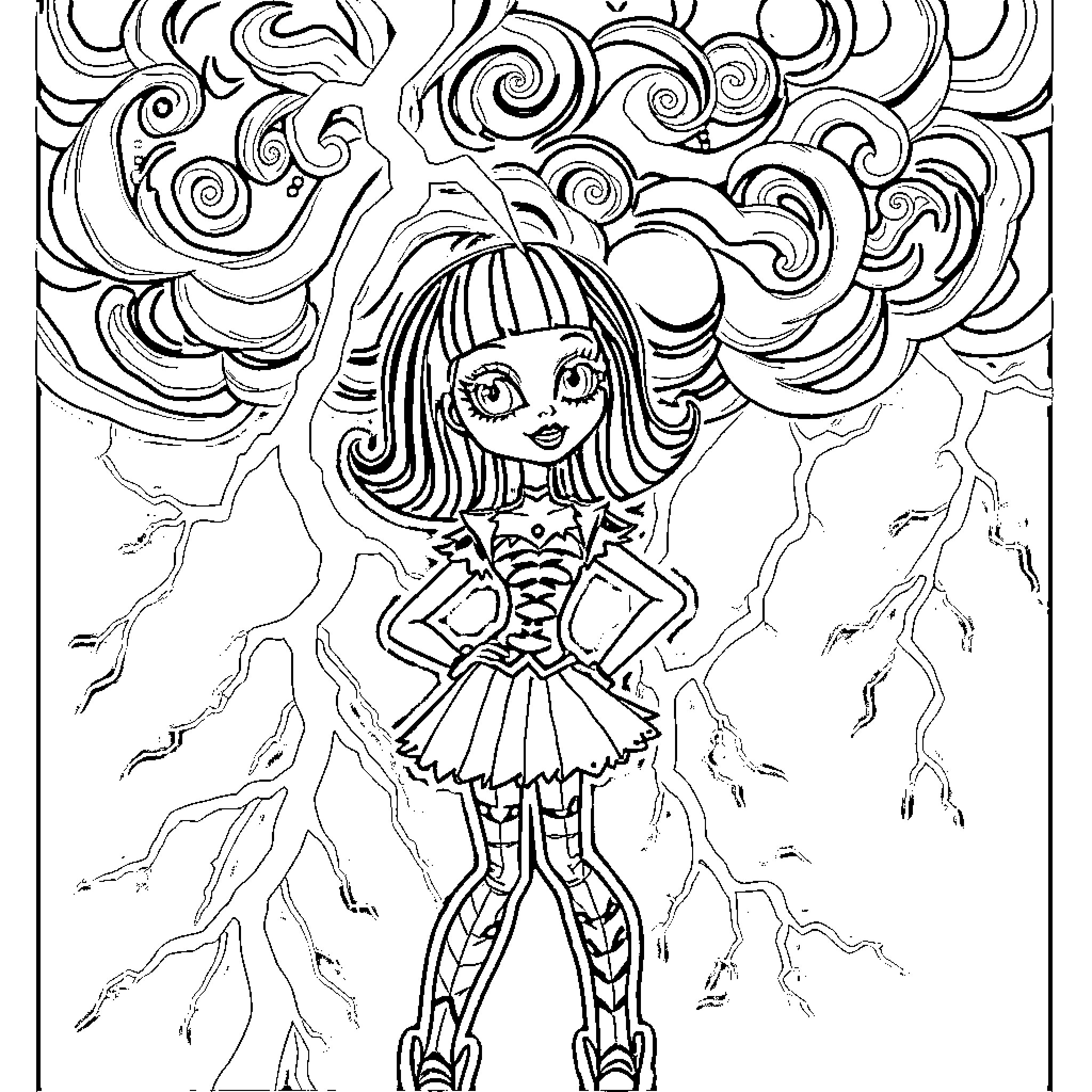 Frankie Stein's Stormy and Electrifying Ensemble Coloring Page (free black-and-white line drawing printable PDF for all, from beginners to advanced learners, including children, teens, adults, and seniors)