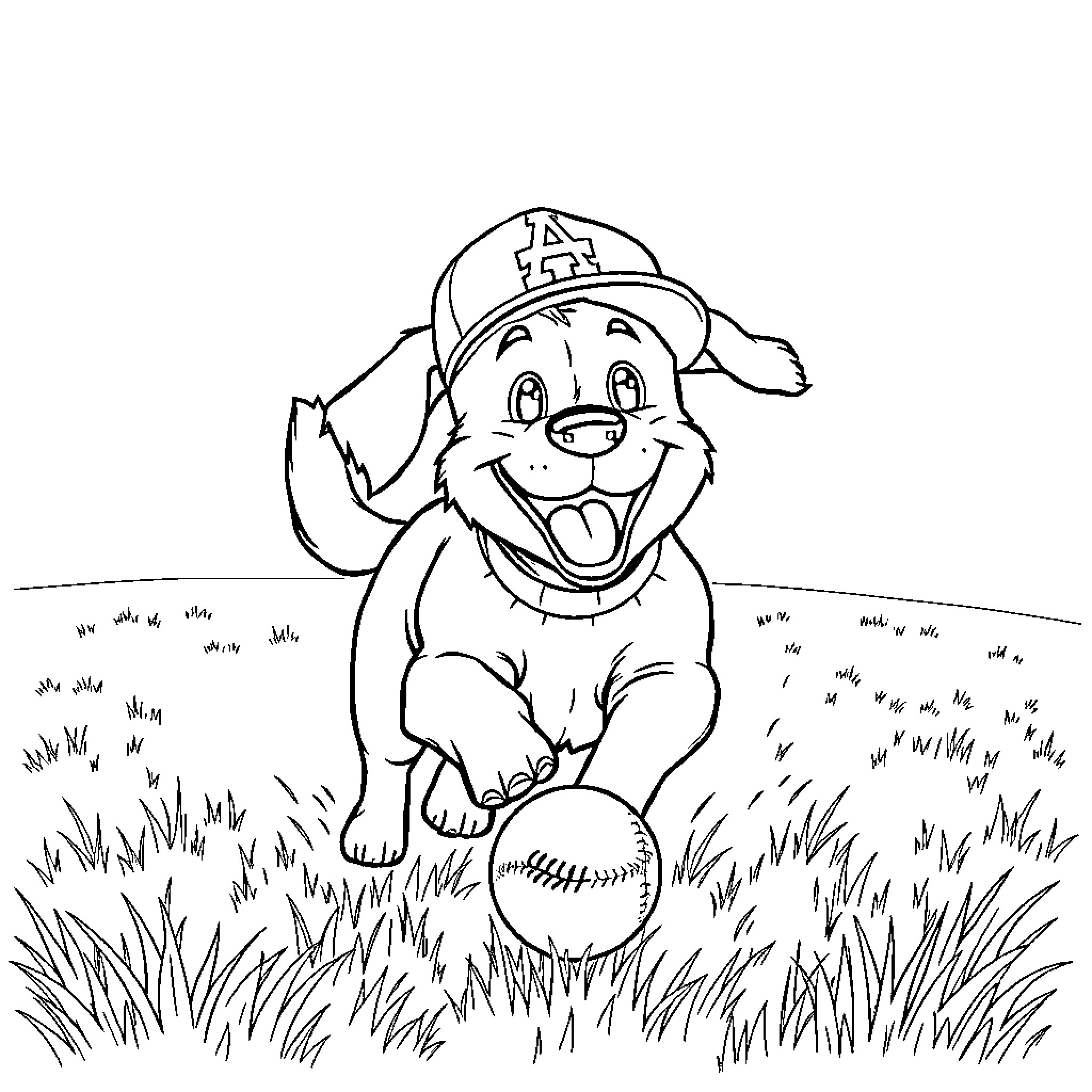Dog playing with ball in the grass Coloring Page (free black-and-white line drawing printable PDF for all, from beginners to advanced learners, including children, teens, adults, and seniors)