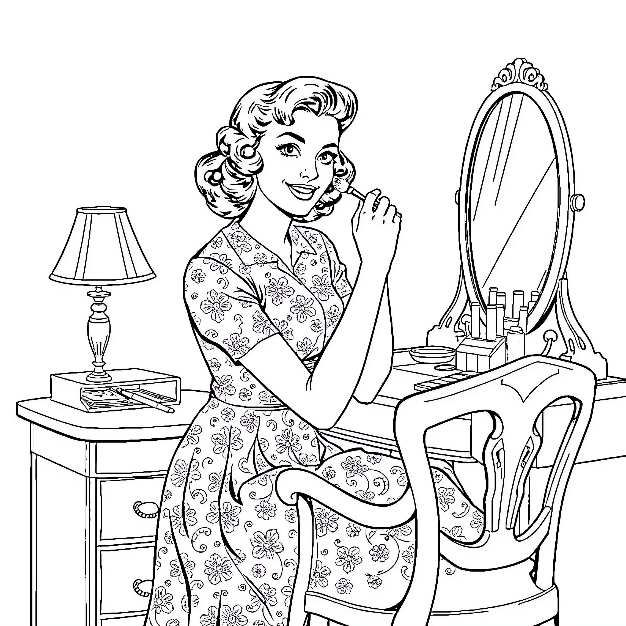 Lady Preparing for the Day in Retro Bedroom Coloring Page (free black-and-white line drawing printable PDF for all, from beginners to advanced learners, including children, teens, adults, and seniors)