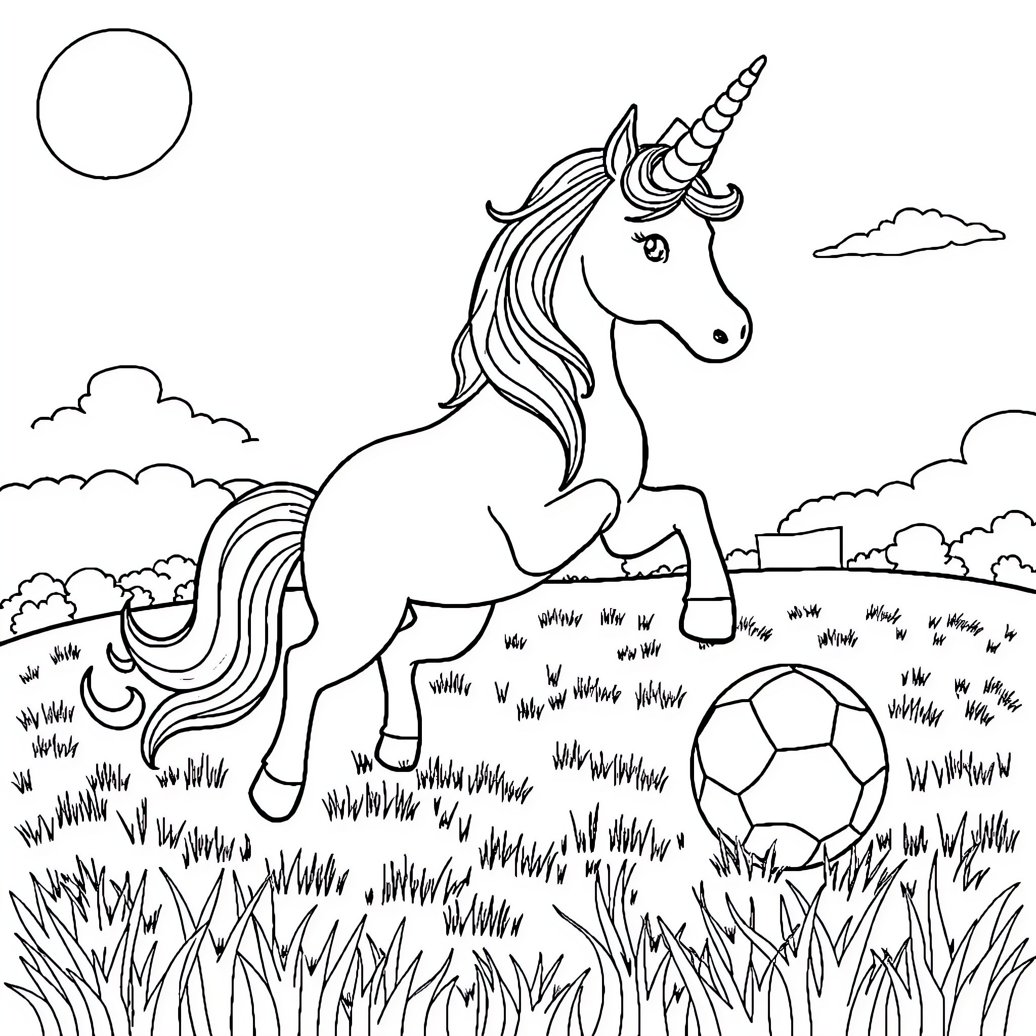 Unicorn playing joyfully in a lush meadow Coloring Page (free black-and-white line drawing printable PDF for all, from beginners to advanced learners, including children, teens, adults, and seniors)