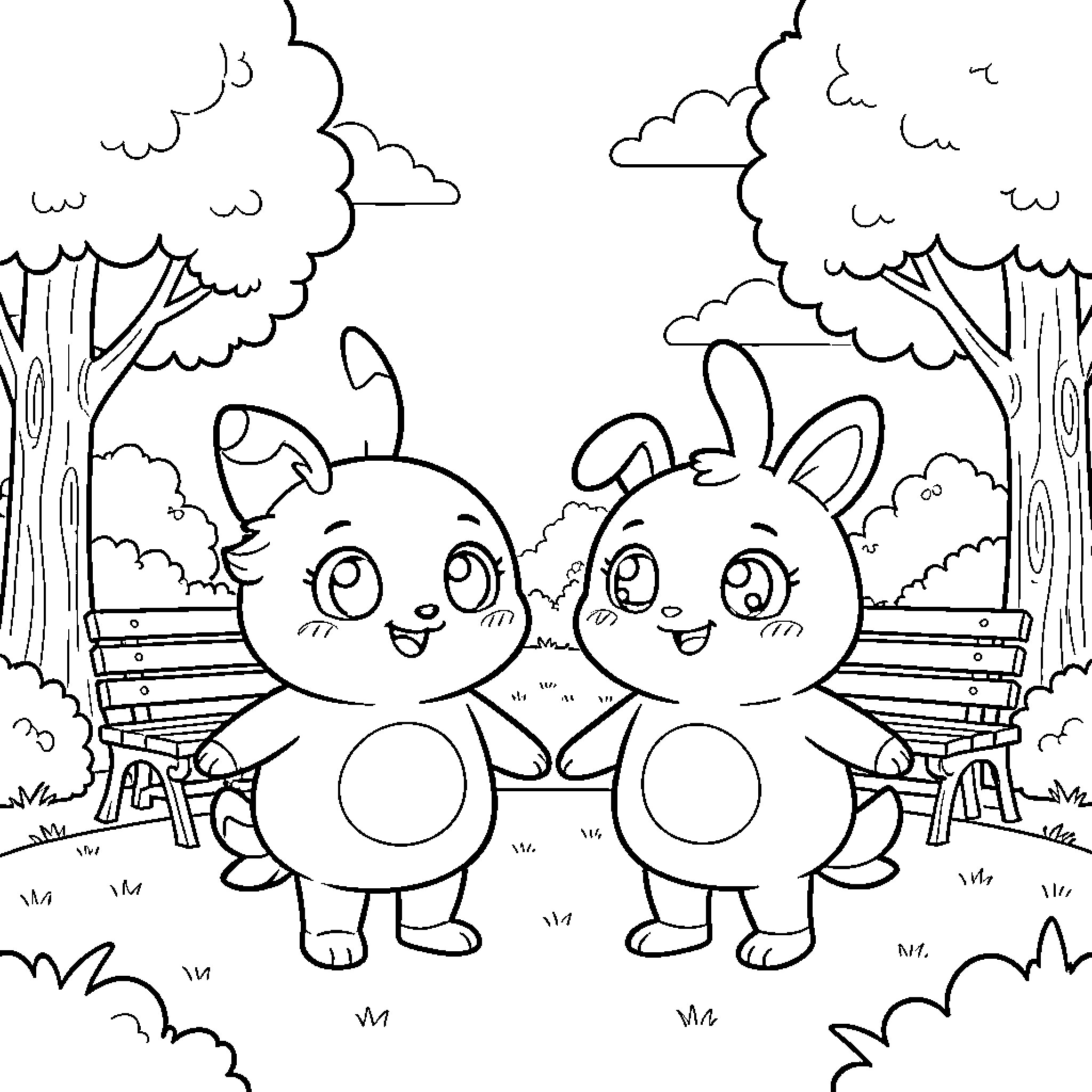 Chuchu and Cusly playing happily in the park Coloring Page (free black-and-white line drawing printable PDF for all, from beginners to advanced learners, including children, teens, adults, and seniors)