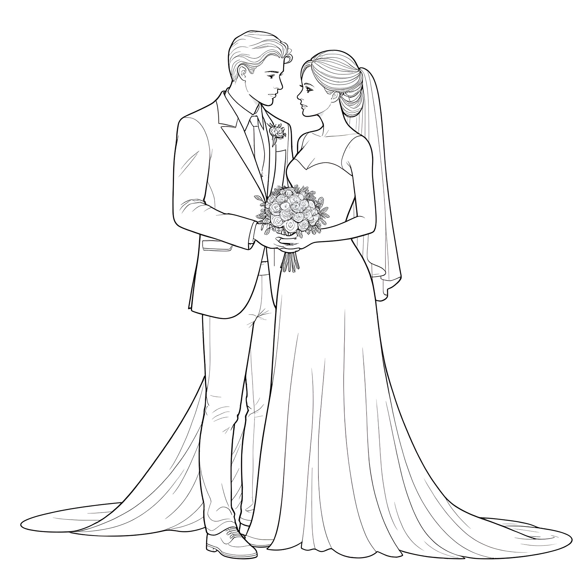 Buffy and Xander's Elegant Wedding Celebration Coloring Page (free black-and-white line drawing printable PDF for all, from beginners to advanced learners, including children, teens, adults, and seniors)