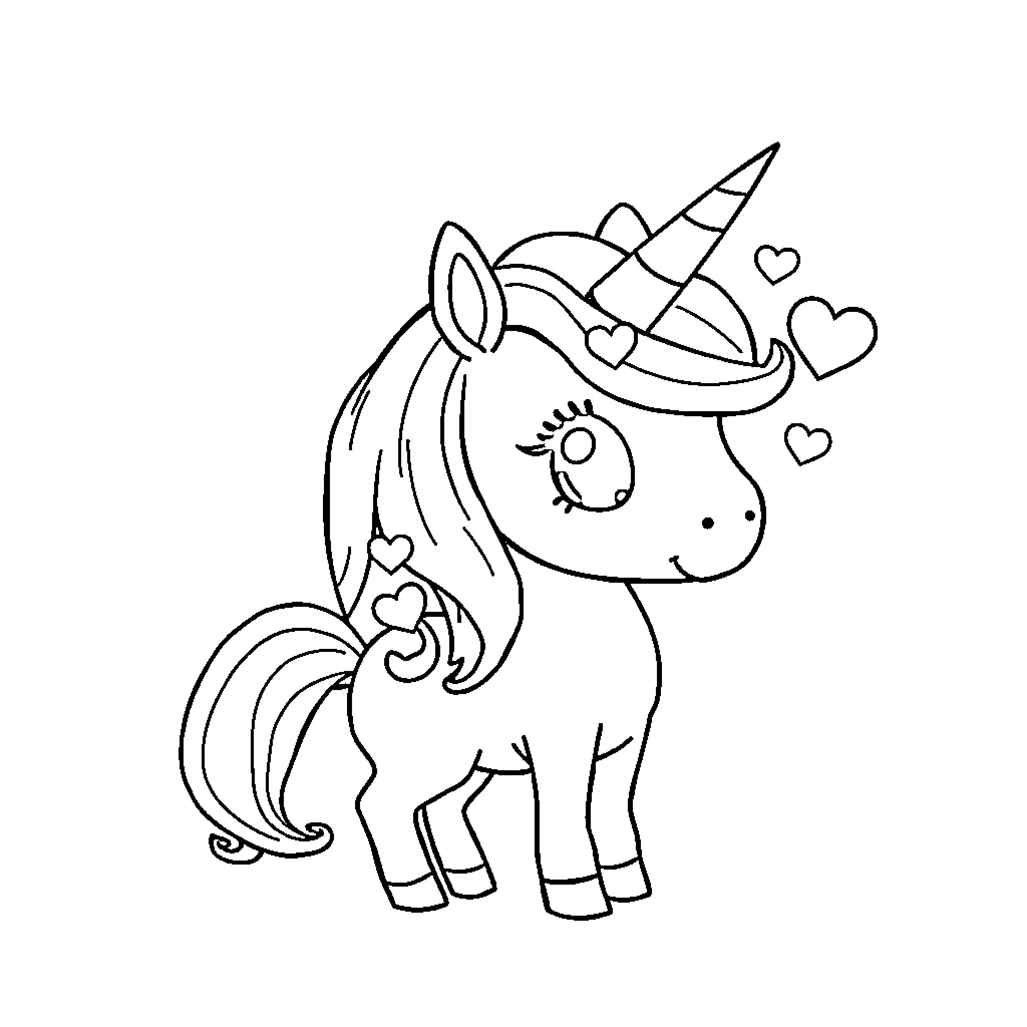 Unicorn smiling with hearts in a whimsical scene Coloring Page (free black-and-white line drawing printable PDF for all, from beginners to advanced learners, including children, teens, adults, and seniors)