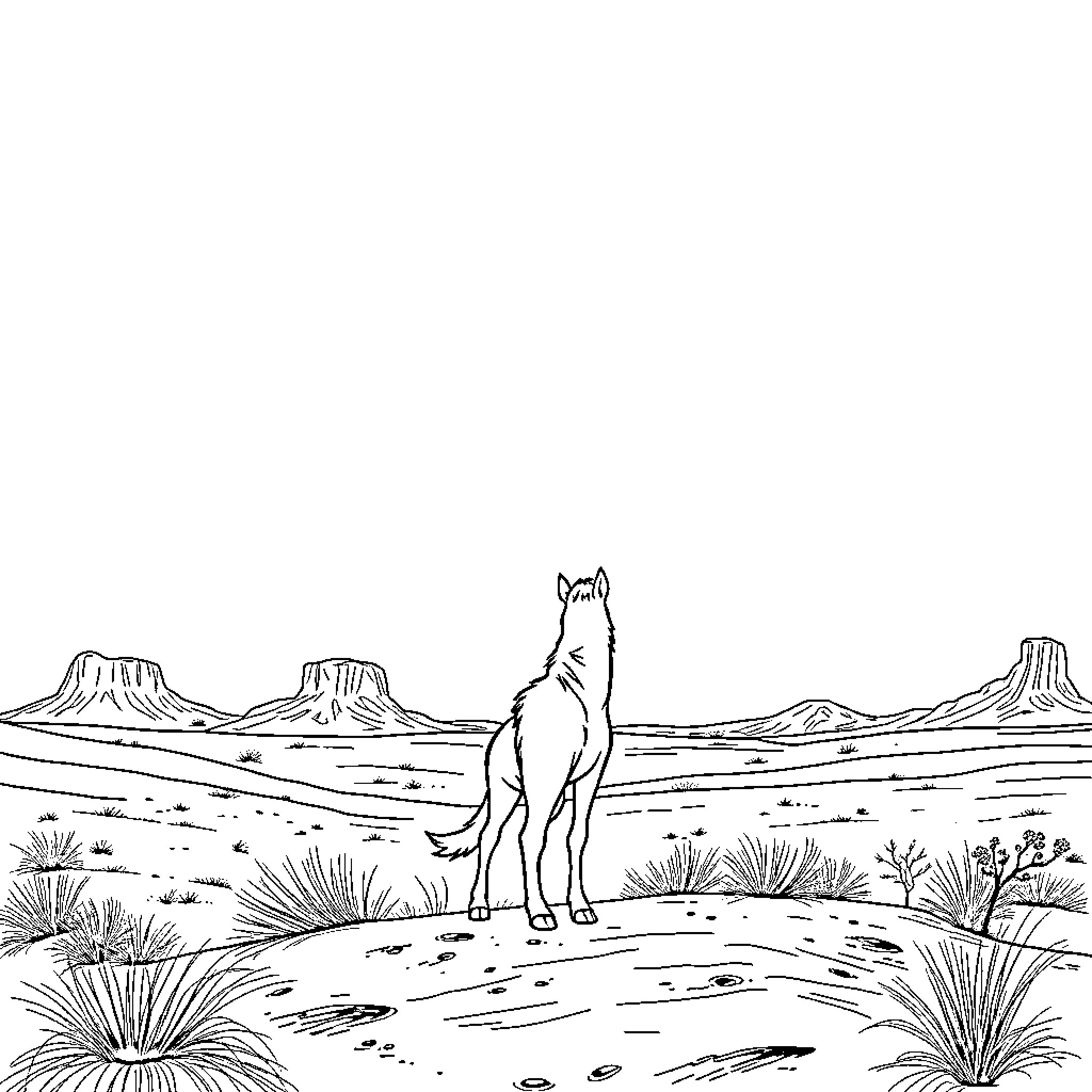 Huntrix exploring the desert landscape Coloring Page (free black-and-white line drawing printable PDF for all, from beginners to advanced learners, including children, teens, adults, and seniors)