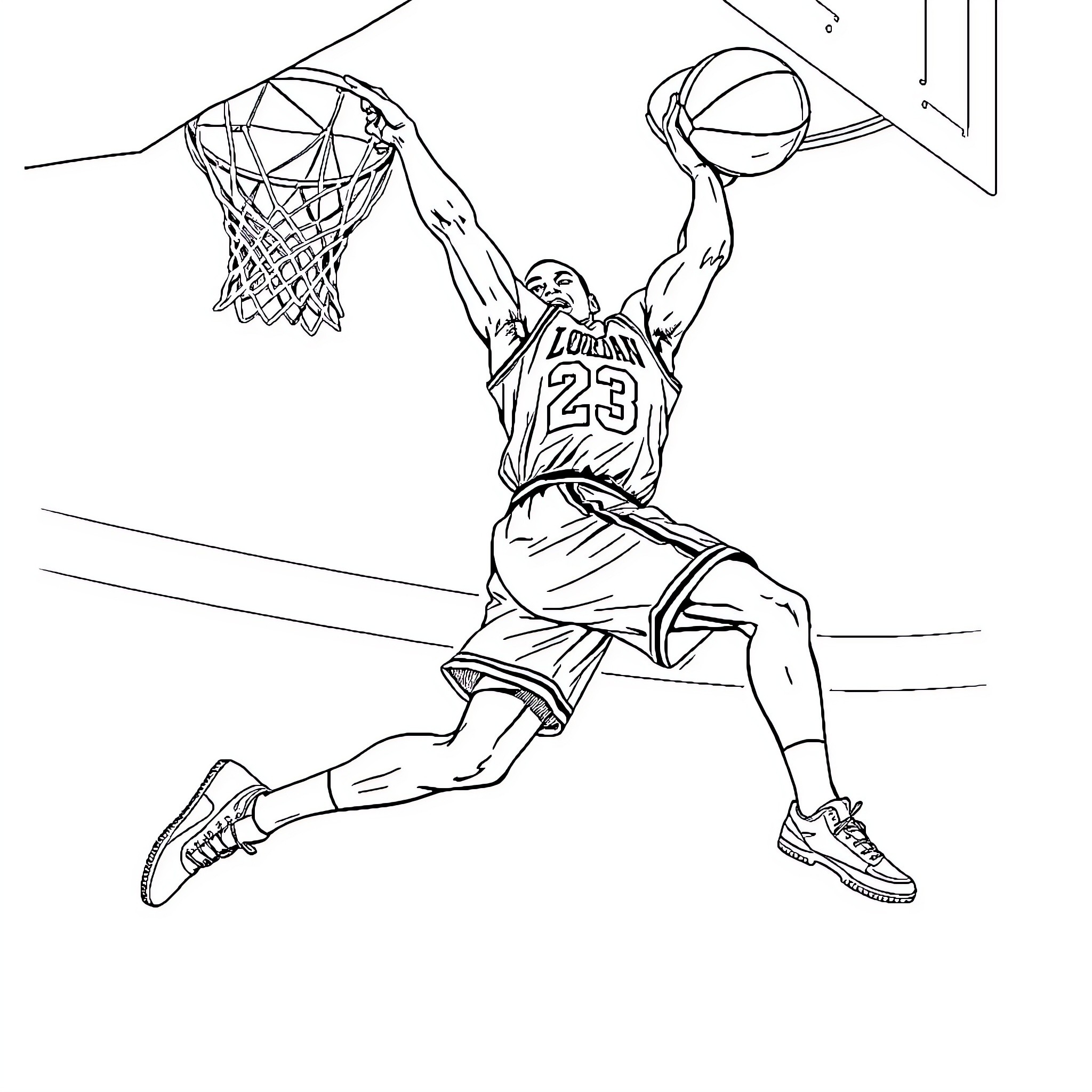 Michael Jordan dunking a basketball Coloring Page (free black-and-white line drawing printable PDF for all, from beginners to advanced learners, including children, teens, adults, and seniors)