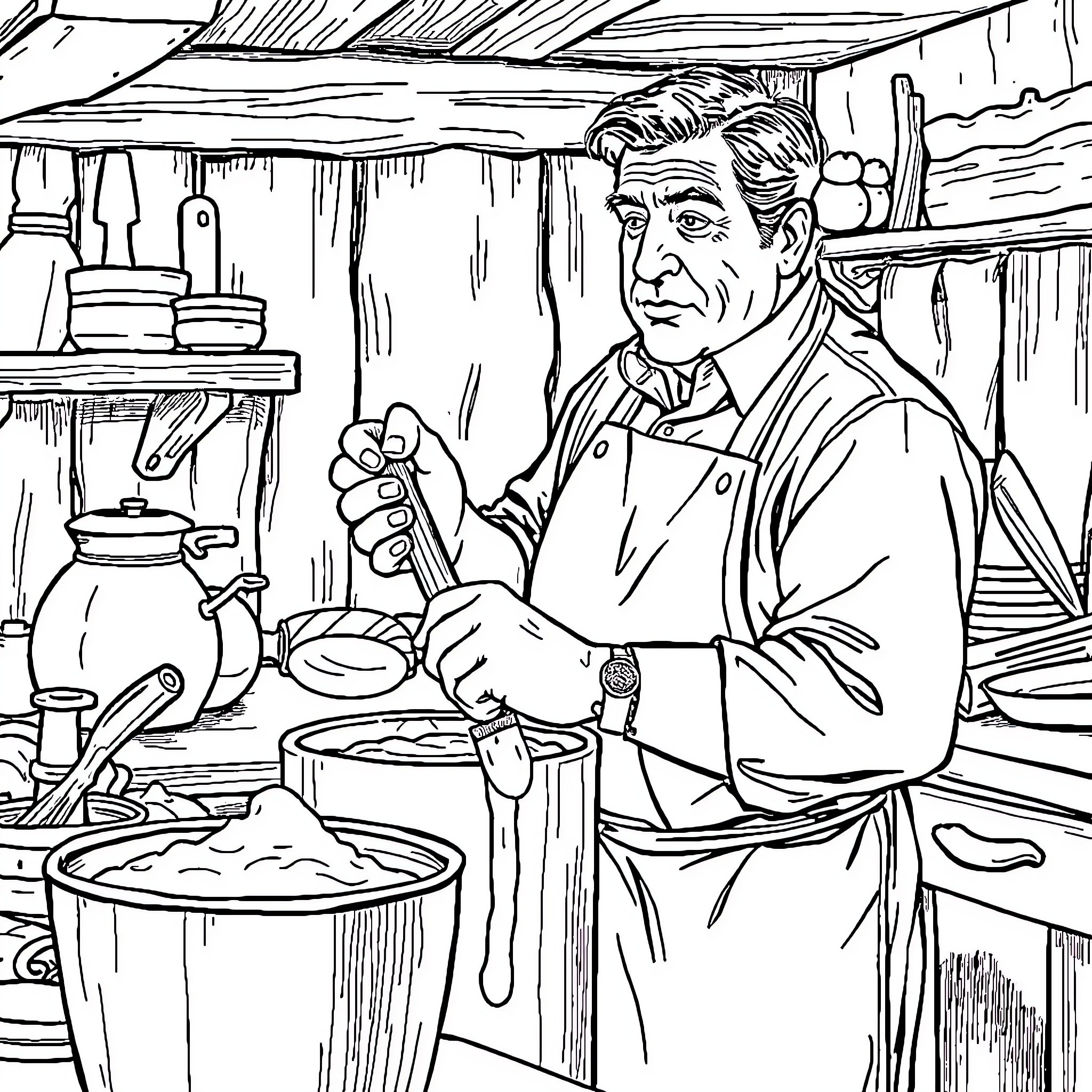 Robert De Niro as a Chef in the Kitchen Coloring Page (free black-and-white line drawing printable PDF for all, from beginners to advanced learners, including children, teens, adults, and seniors)