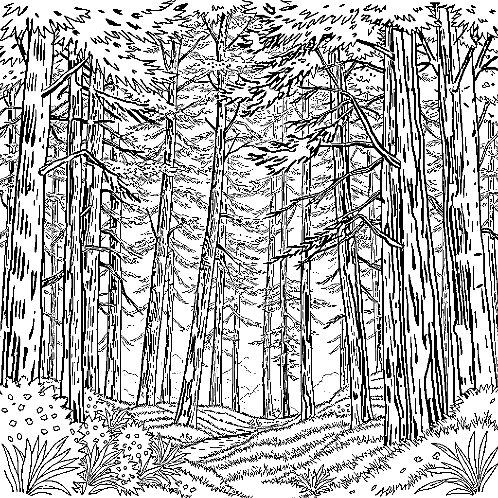 Forest Trail Winding Through Towering Trees Coloring Page (free black-and-white line drawing printable PDF for all, from beginners to advanced learners, including children, teens, adults, and seniors)