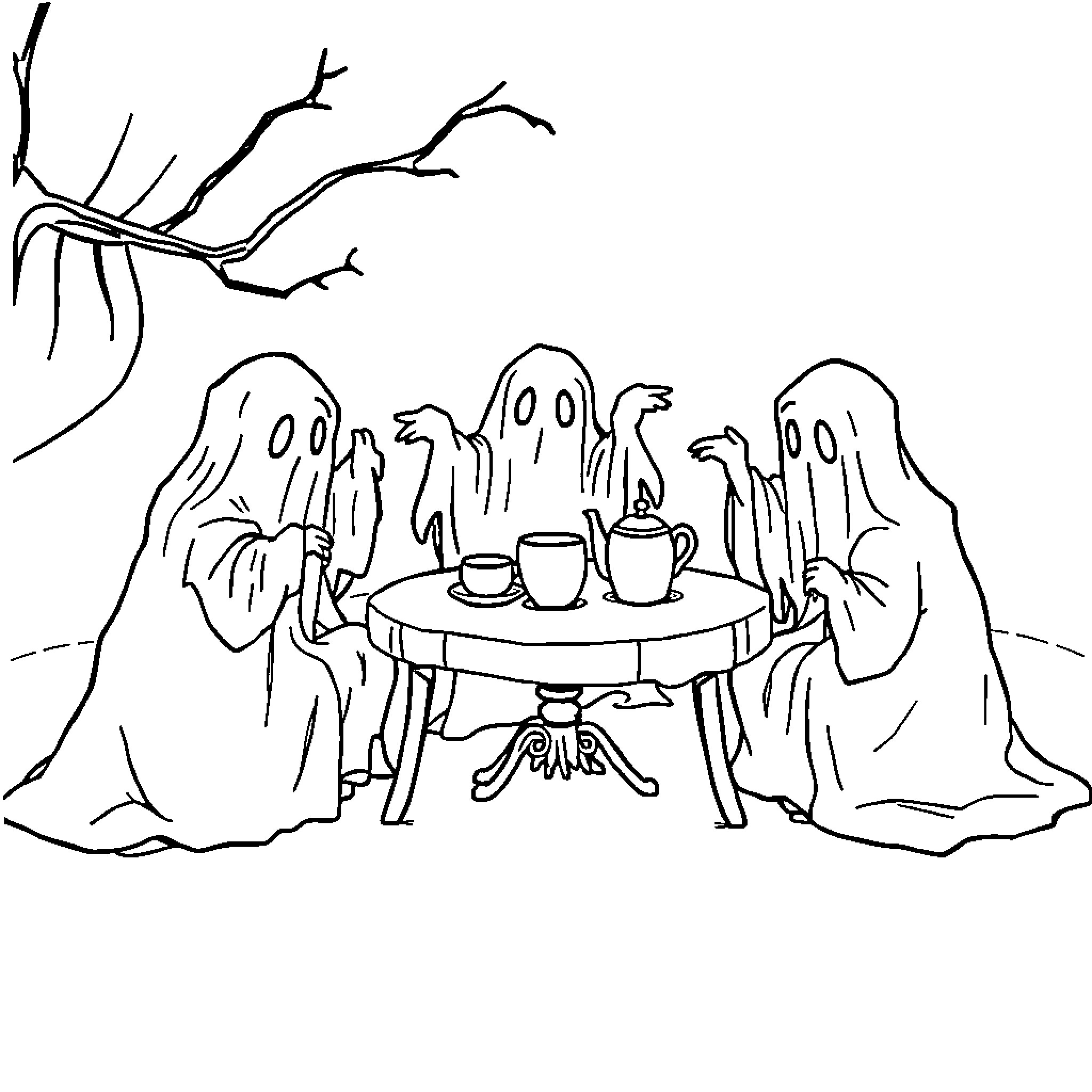 Ghost Gathering for a Spooky Tea Party Coloring Page (free black-and-white line drawing printable PDF for all, from beginners to advanced learners, including children, teens, adults, and seniors)