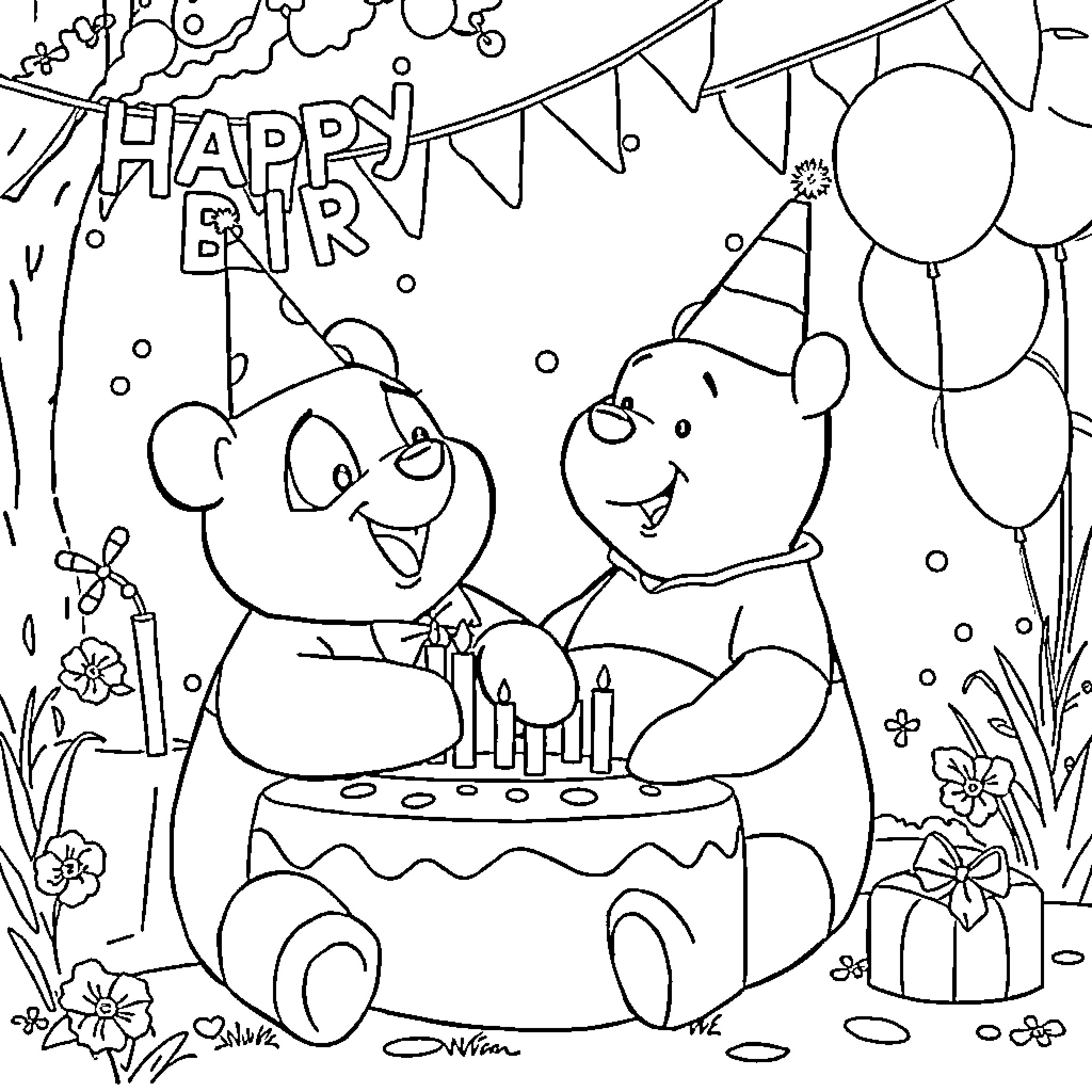 Winnie The Pooh Celebrating Birthday Party with Balloons Coloring Page (free black-and-white line drawing printable PDF for all, from beginners to advanced learners, including children, teens, adults, and seniors)