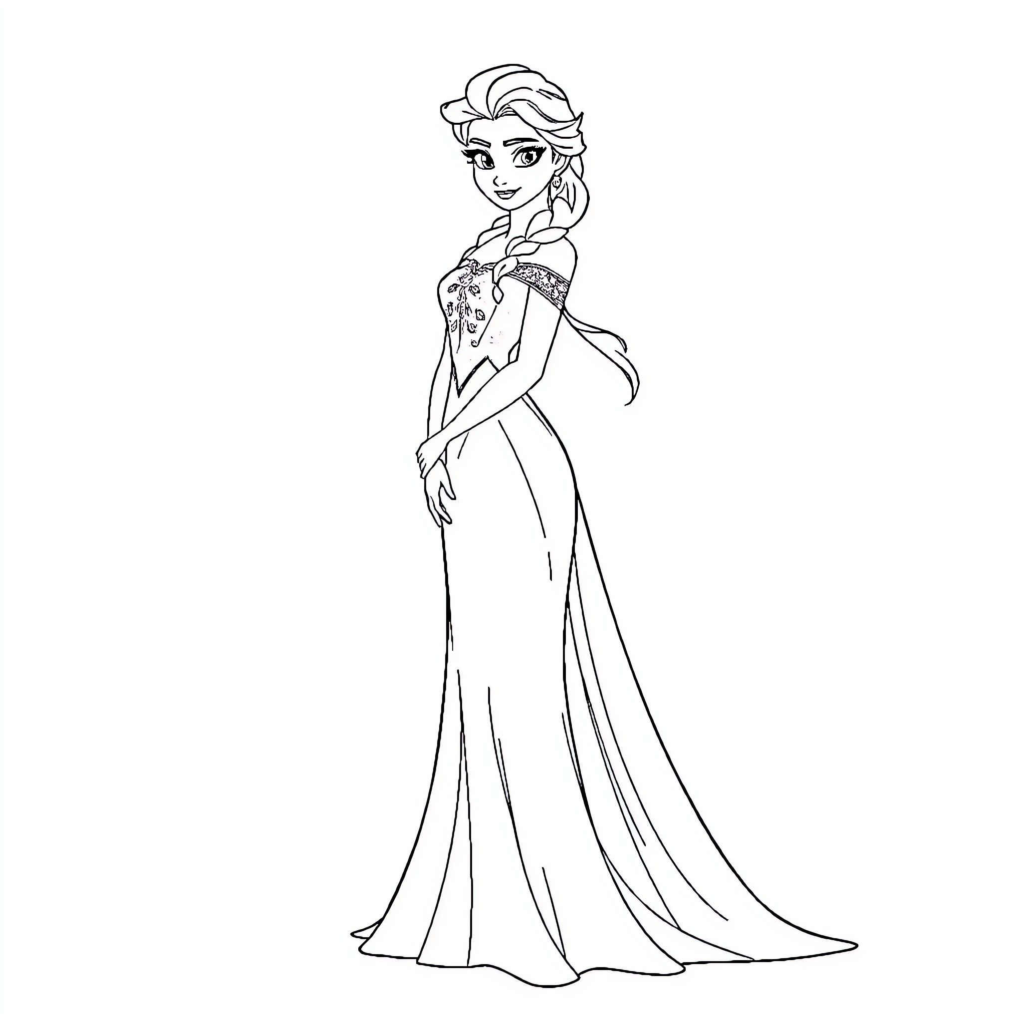 Elsa in a Glamorous Evening Gown Coloring Page (free black-and-white line drawing printable PDF for all, from beginners to advanced learners, including children, teens, adults, and seniors)
