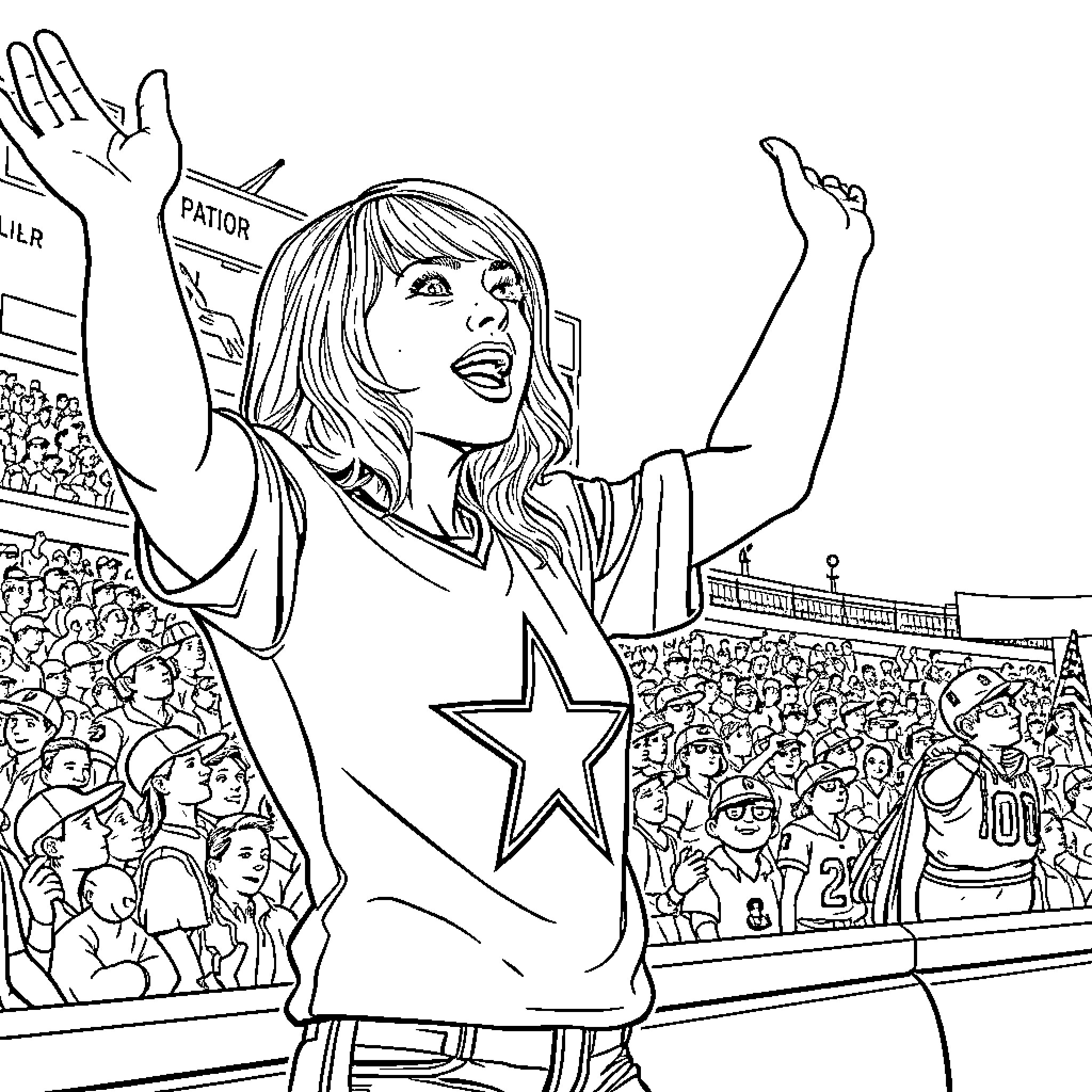 Taylor Swift performing energetically on stage Coloring Page (free black-and-white line drawing printable PDF for all, from beginners to advanced learners, including children, teens, adults, and seniors)