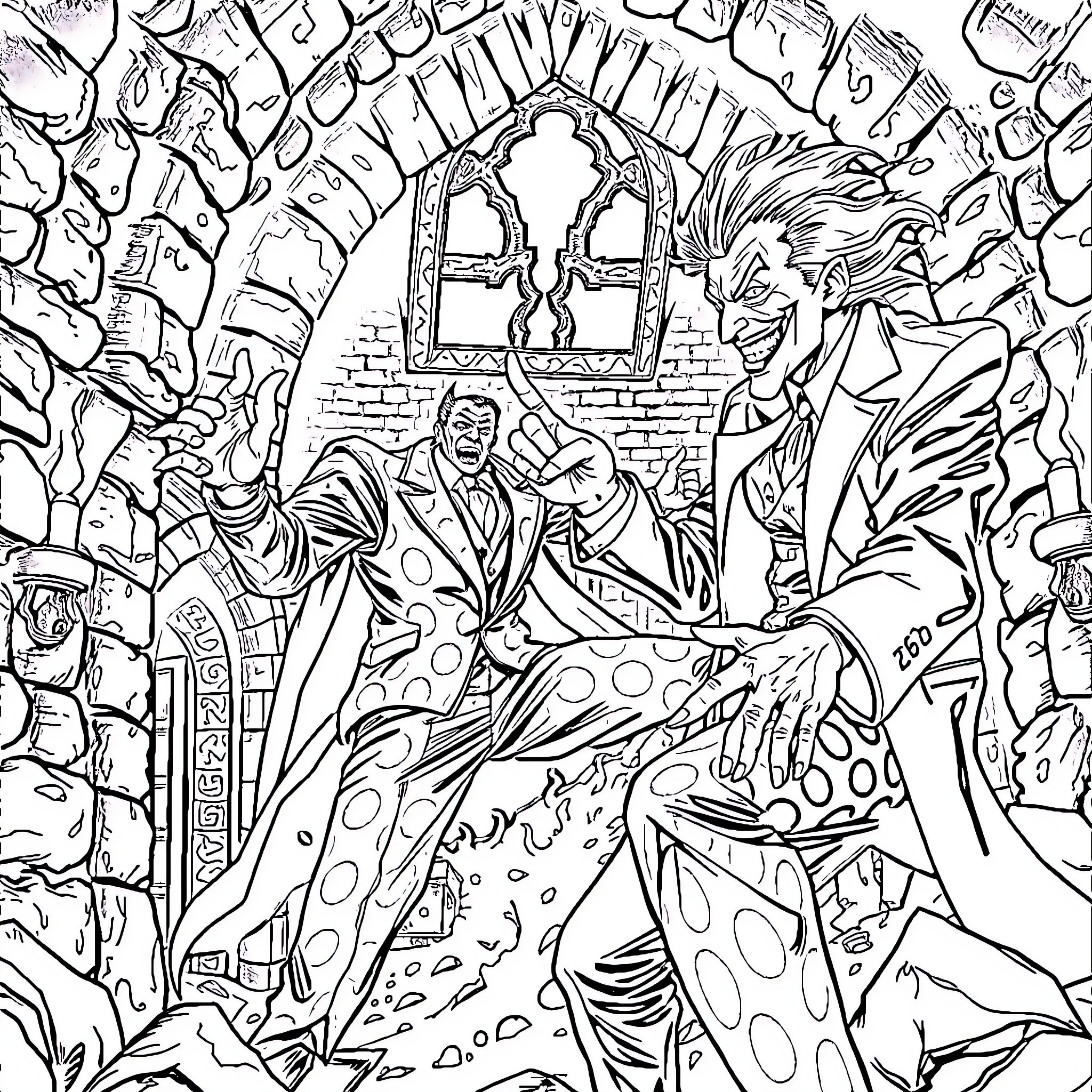Joker's sinister antics in a dark, twisted setting Coloring Page (free black-and-white line drawing printable PDF for all, from beginners to advanced learners, including children, teens, adults, and seniors)