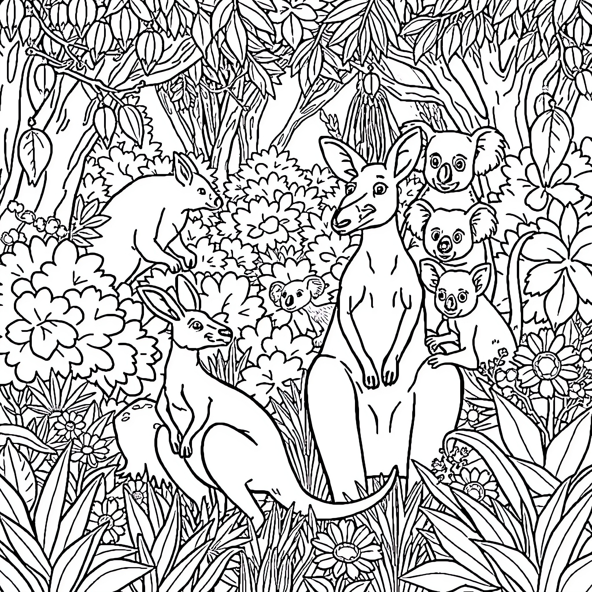 Animal gathering in the lush forest garden Coloring Page (free black-and-white line drawing printable PDF for all, from beginners to advanced learners, including children, teens, adults, and seniors)
