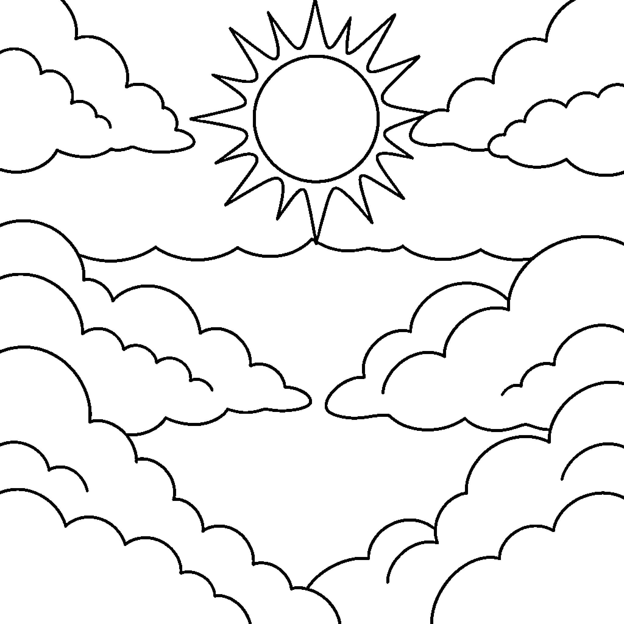 Sky with a bright sun shining through clouds Coloring Page (free black-and-white line drawing printable PDF for all, from beginners to advanced learners, including children, teens, adults, and seniors)