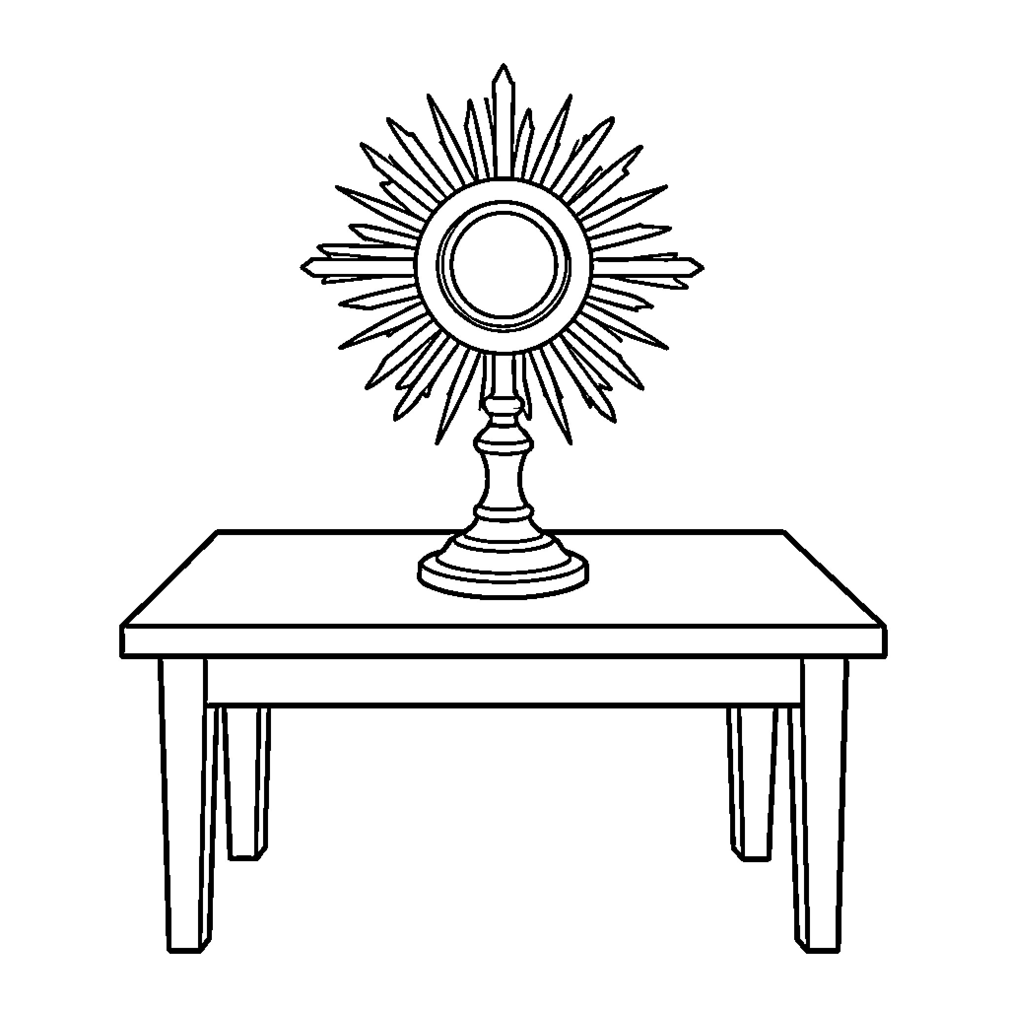Monstrance resting upon a simple wooden table Coloring Page (free black-and-white line drawing printable PDF for all, from beginners to advanced learners, including children, teens, adults, and seniors)