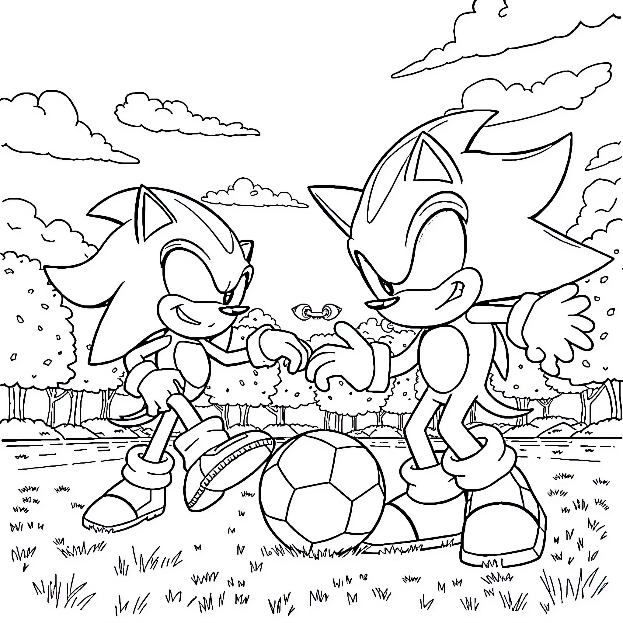 Sonic characters playing with a soccer ball in the park Coloring Page (free black-and-white line drawing printable PDF for all, from beginners to advanced learners, including children, teens, adults, and seniors)