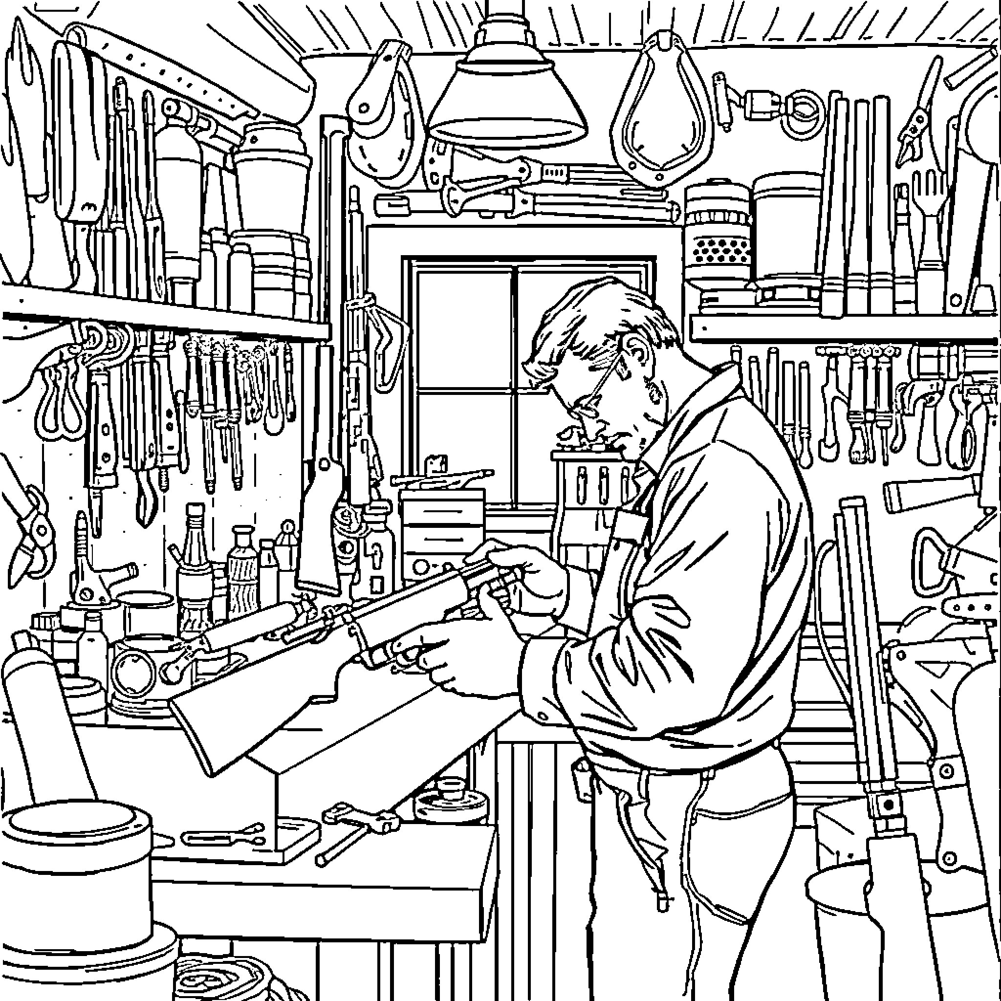 Gunsmith working diligently in workshop Coloring Page (free black-and-white line drawing printable PDF for all, from beginners to advanced learners, including children, teens, adults, and seniors)