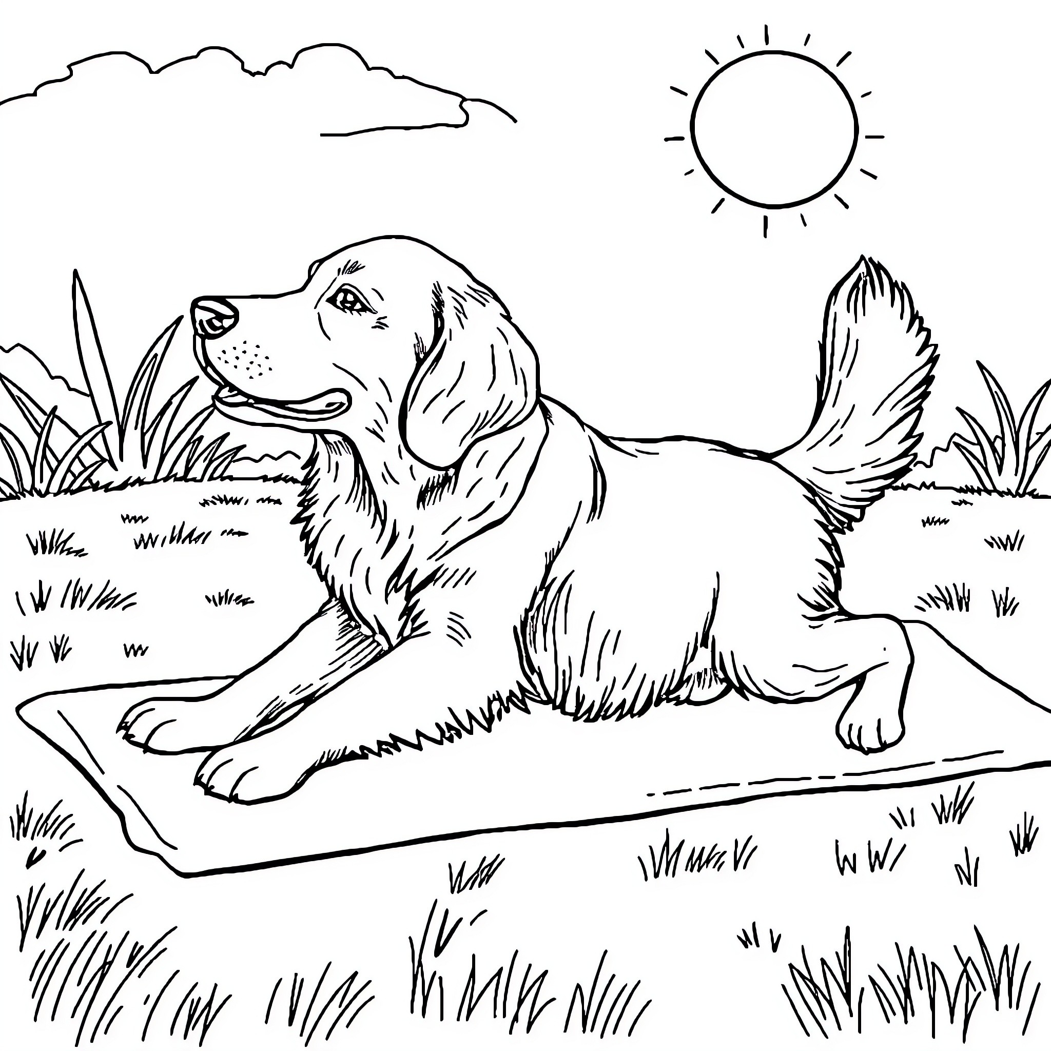 Golden Retriever enjoying the sunny day outdoors Coloring Page (free black-and-white line drawing printable PDF for all, from beginners to advanced learners, including children, teens, adults, and seniors)