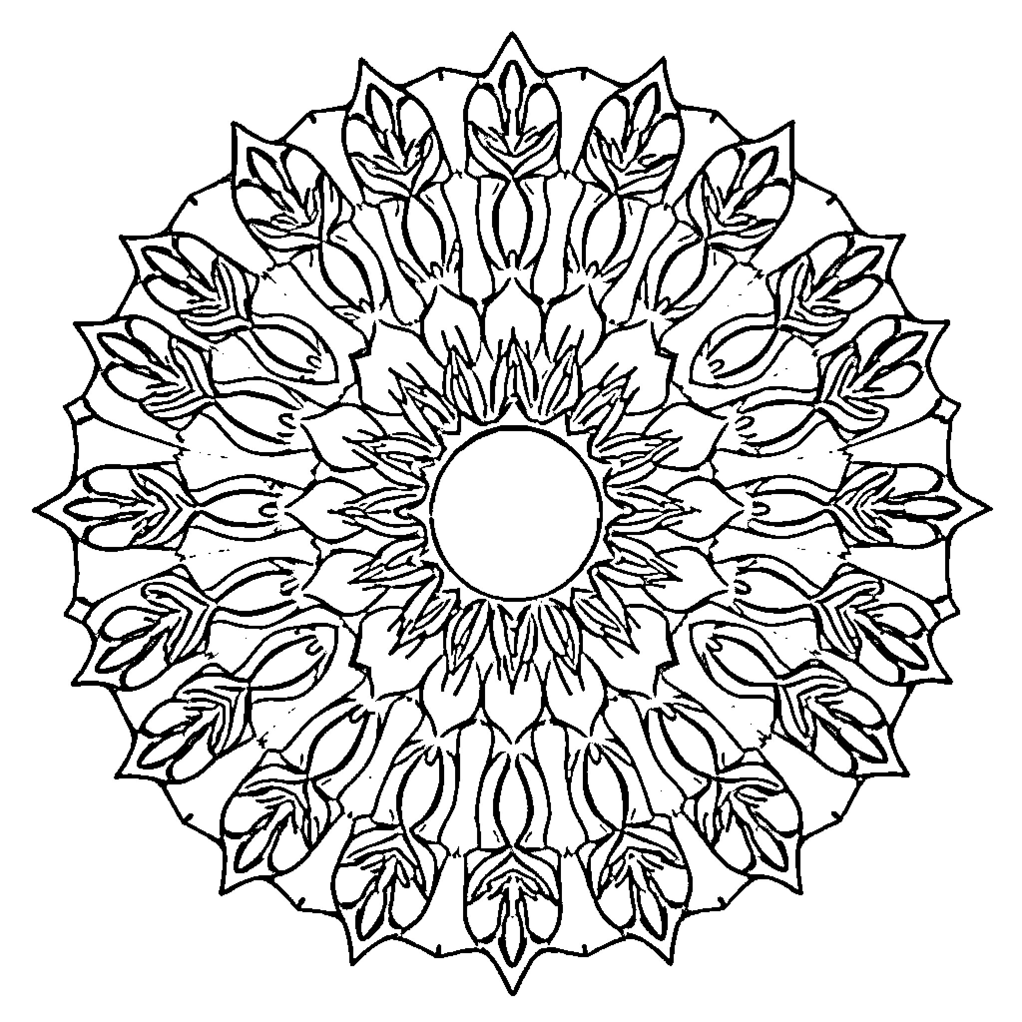 Sun mandala with intricate leaf patterns Coloring Page (free black-and-white line drawing printable PDF for all, from beginners to advanced learners, including children, teens, adults, and seniors)