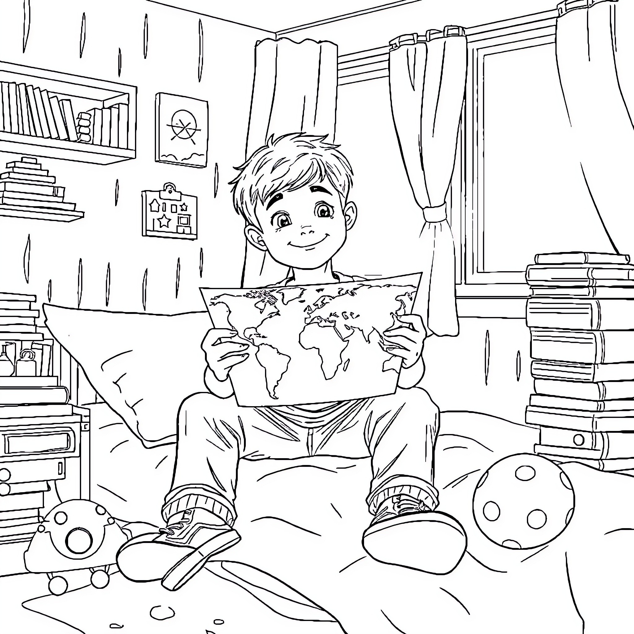 Boy exploring the world map on his bed Coloring Page (free black-and-white line drawing printable PDF for all, from beginners to advanced learners, including children, teens, adults, and seniors)