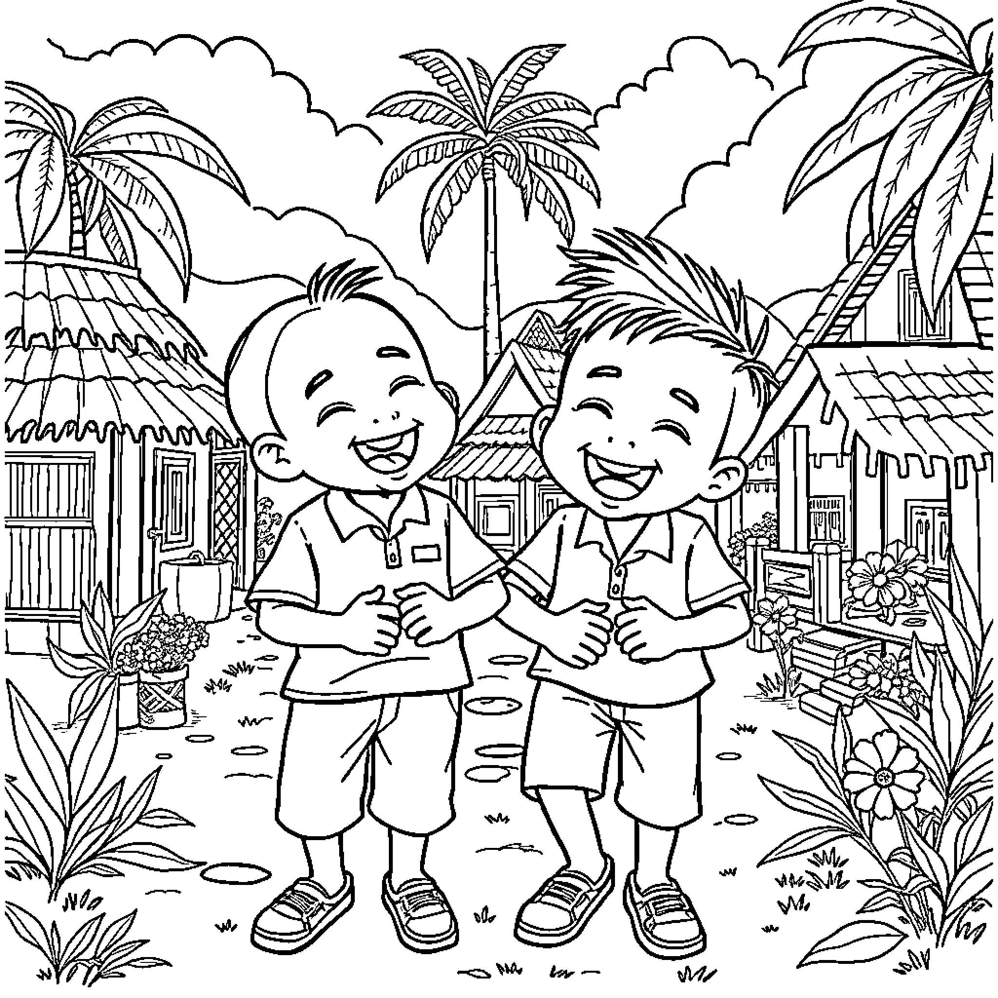 Upin Ipin Playing Happily in Tropical Village Coloring Page (free black-and-white line drawing printable PDF for all, from beginners to advanced learners, including children, teens, adults, and seniors)
