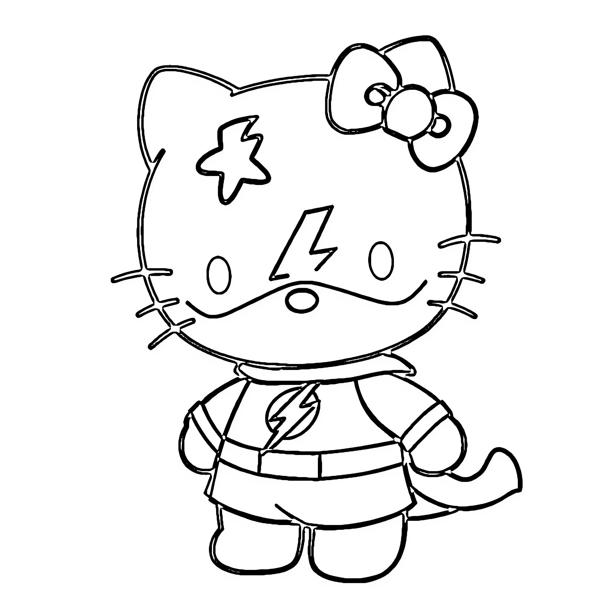 Hello Kitty in Superhero Pose Coloring Page (free black-and-white line drawing printable PDF for all, from beginners to advanced learners, including children, teens, adults, and seniors)