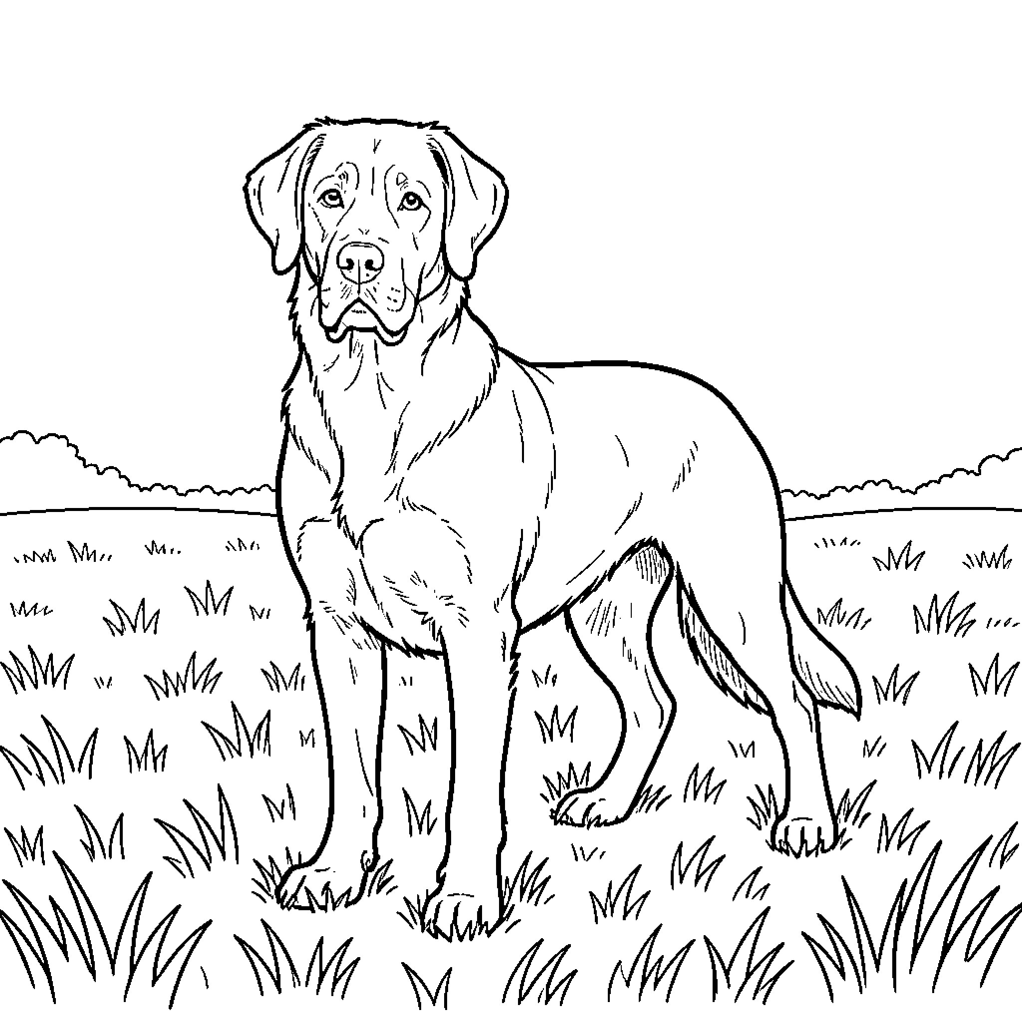 German Shepherd standing alertly in a grassy field Coloring Page (free black-and-white line drawing printable PDF for all, from beginners to advanced learners, including children, teens, adults, and seniors)